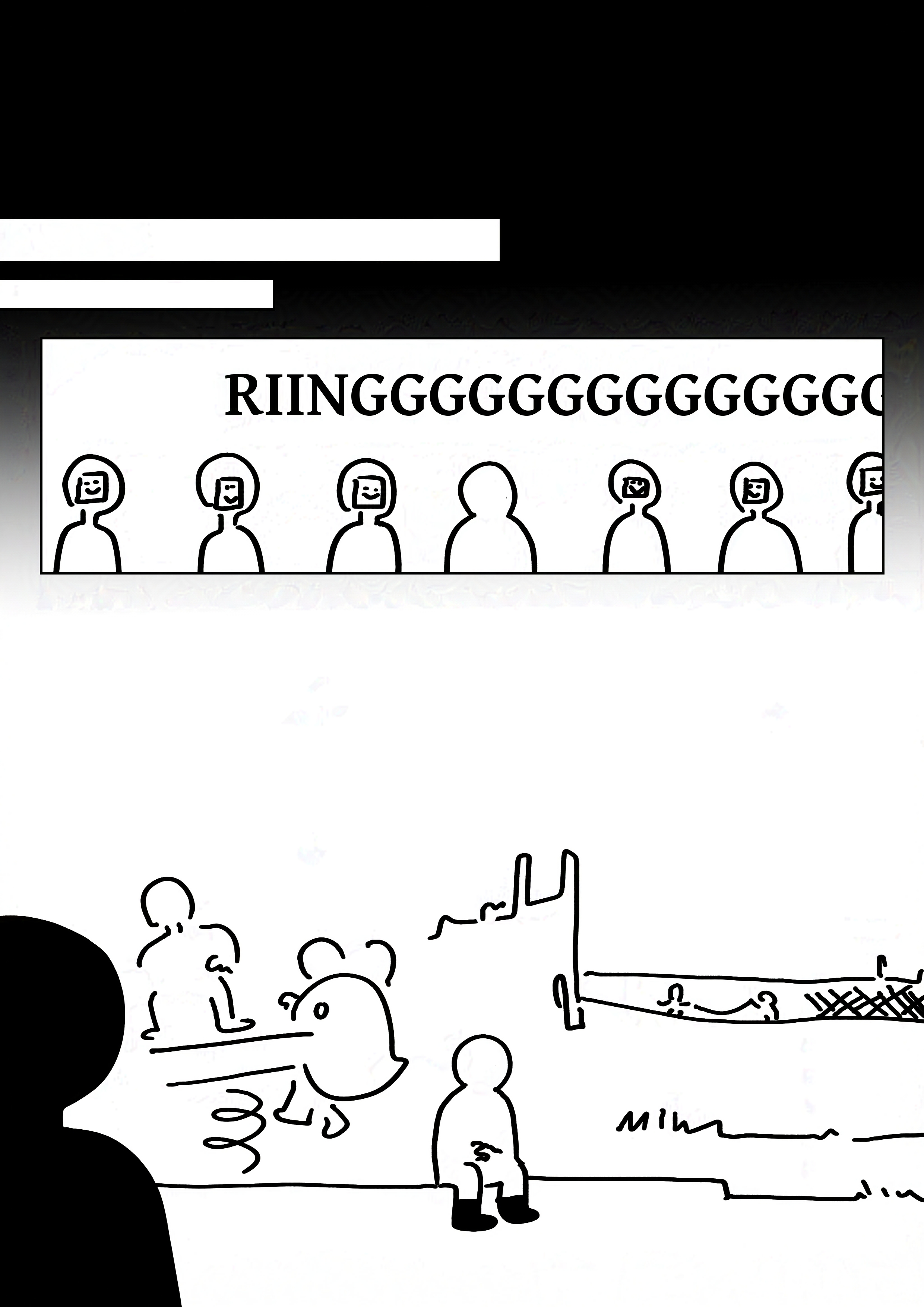 Black page fades into spacing panels to indicate time passing. Panel 1: A row of students with the kid in the middle, looking straight forwards. The other kids have sticky notes with smiley faces stuck to their face, the kid is blank. The sound effects of the bell rings above them. "RIINGGGGGG" Panel 3: The kid sitting at the edge of a playground curb while everyone else is playing outside.They have their hands folded in their lap.