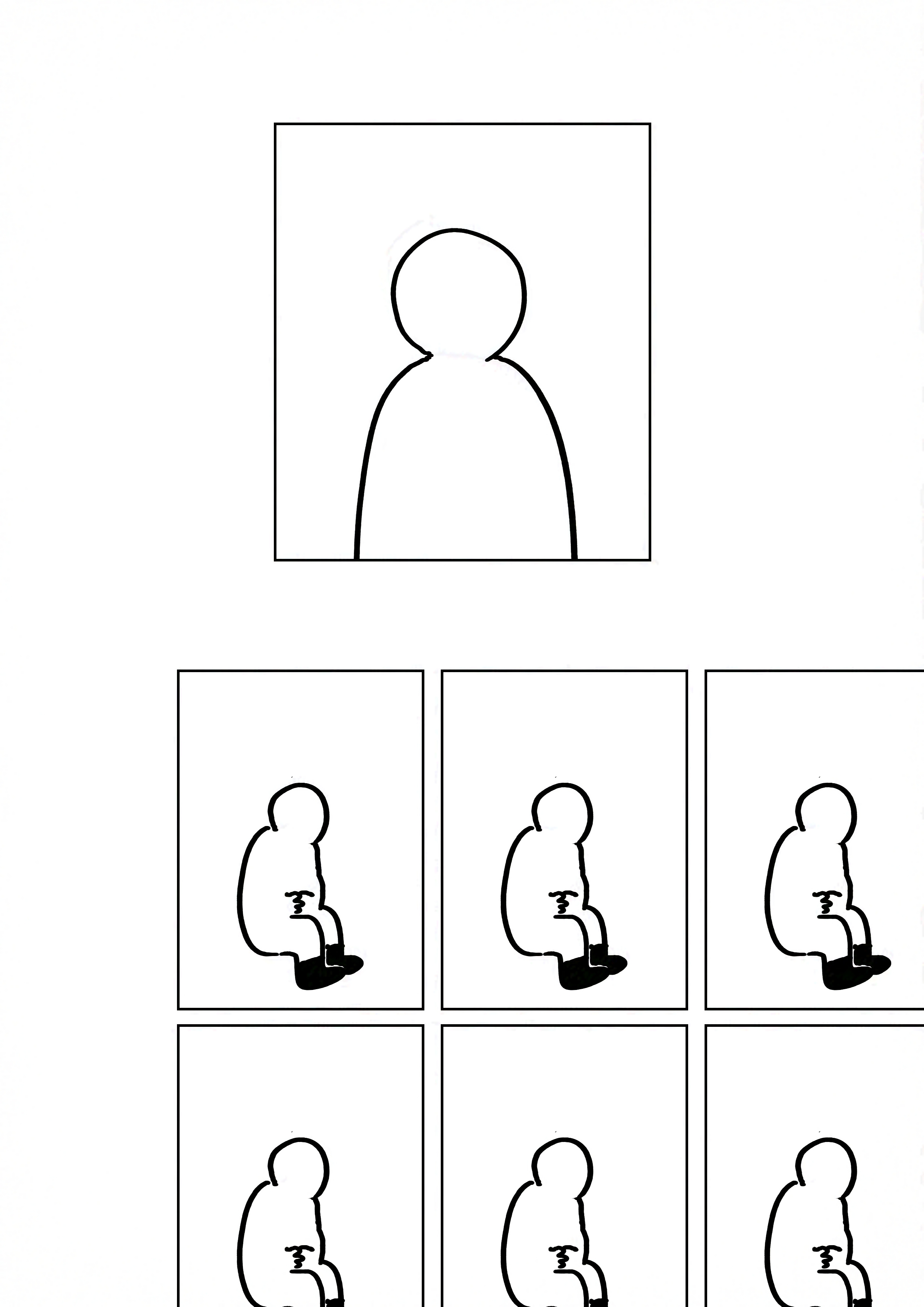 Panel 1: Portrait view of the kid's blank face. Identical panels repeating off the right bottom corner of the page. The kid sits with their hands folded in their lap for a long time.