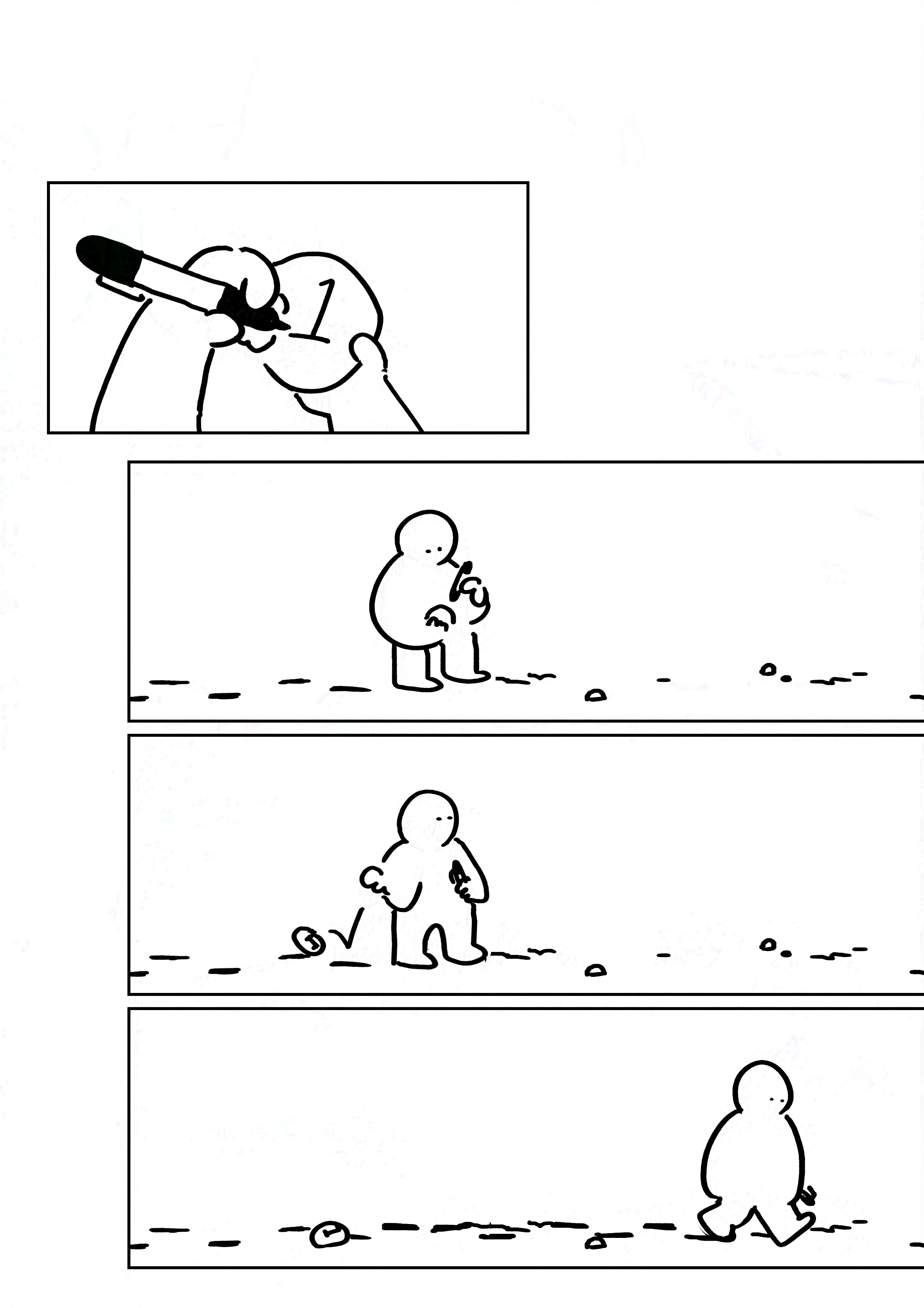 Panel 1: The kid's hands holding and drawing on a rock with a black permanent marker. The number 1 is written on the rock. Panel 2: The kid without boots standing in the sand writing on the rock. Panel 3: The kid drops the rock on the ground. Panel 4: The kid keeps walking along the beach, looking at the ground for bigger rocks.