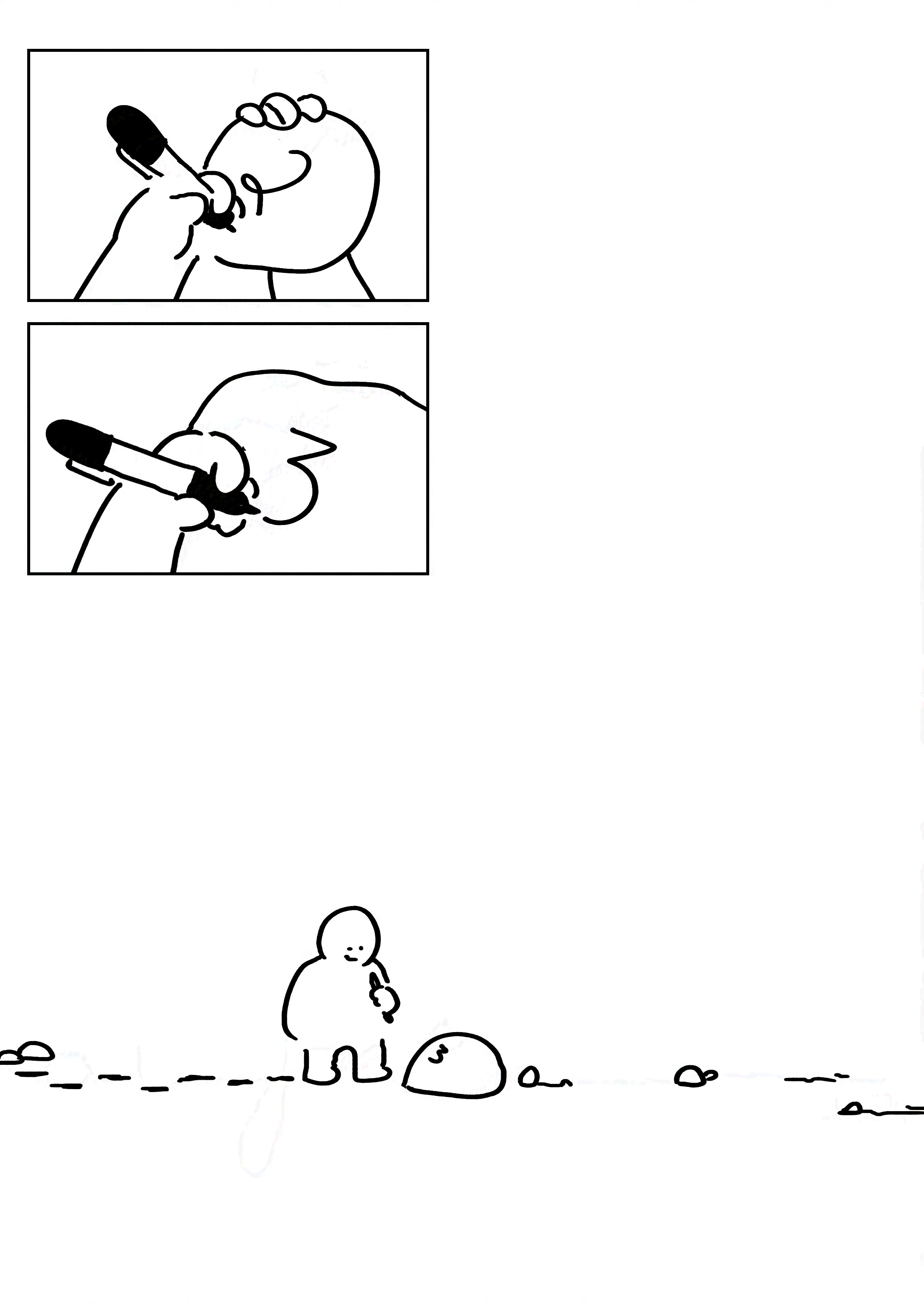 Panel 2: The kid writing "2" on a slightly bigger rock.
Panel 3: The kid writing "3" on an even bigger rock.
Panel 3: The kid smiling down at the huge rock with a smile.