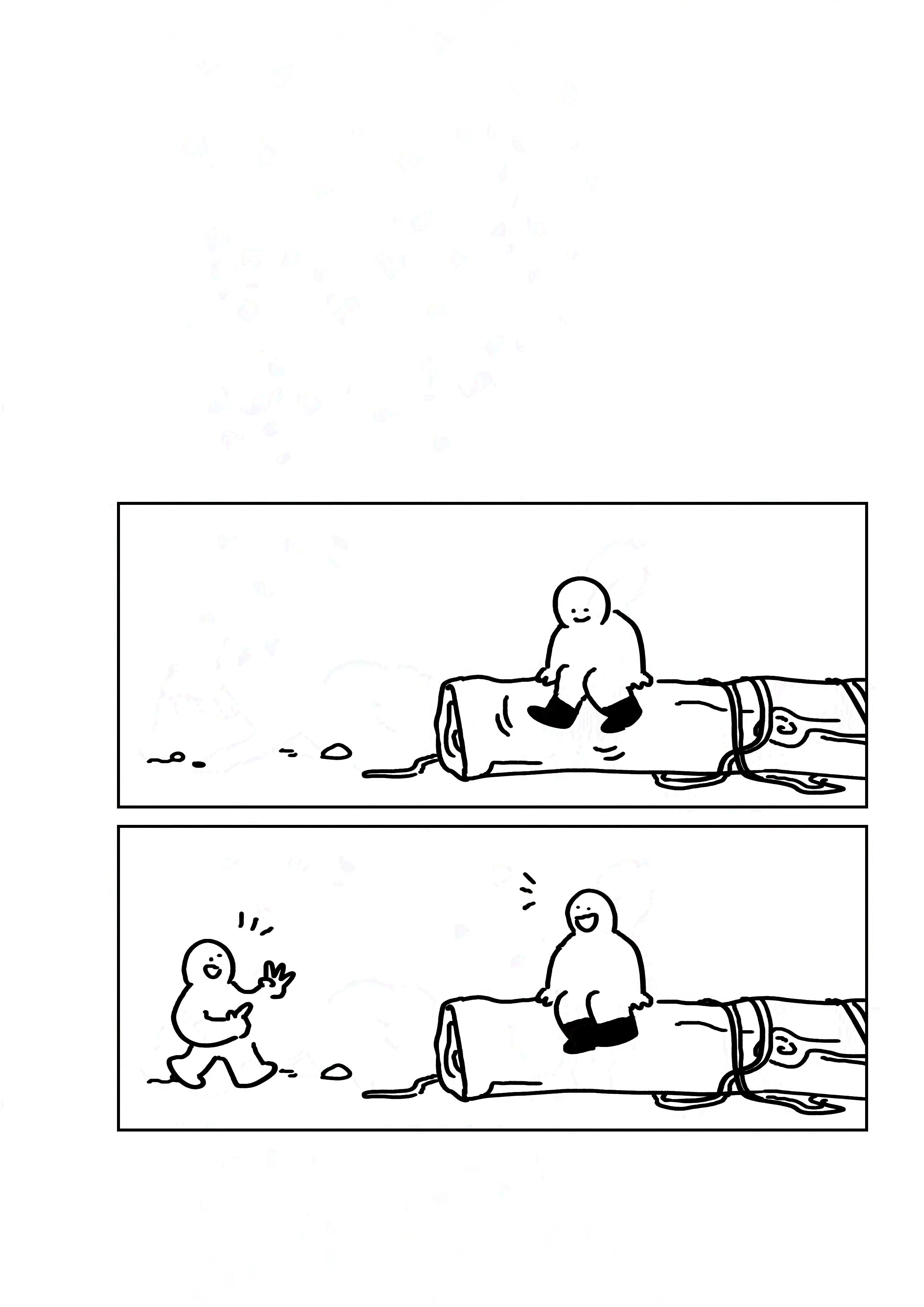 Panel 1: The kid with the boots sitting on the log with rope around it. They are smiling and kicking their feet. Panel 2: The kid with the boots looks up to see their friend. They smile at each other and the other kid is holding up three fingers.