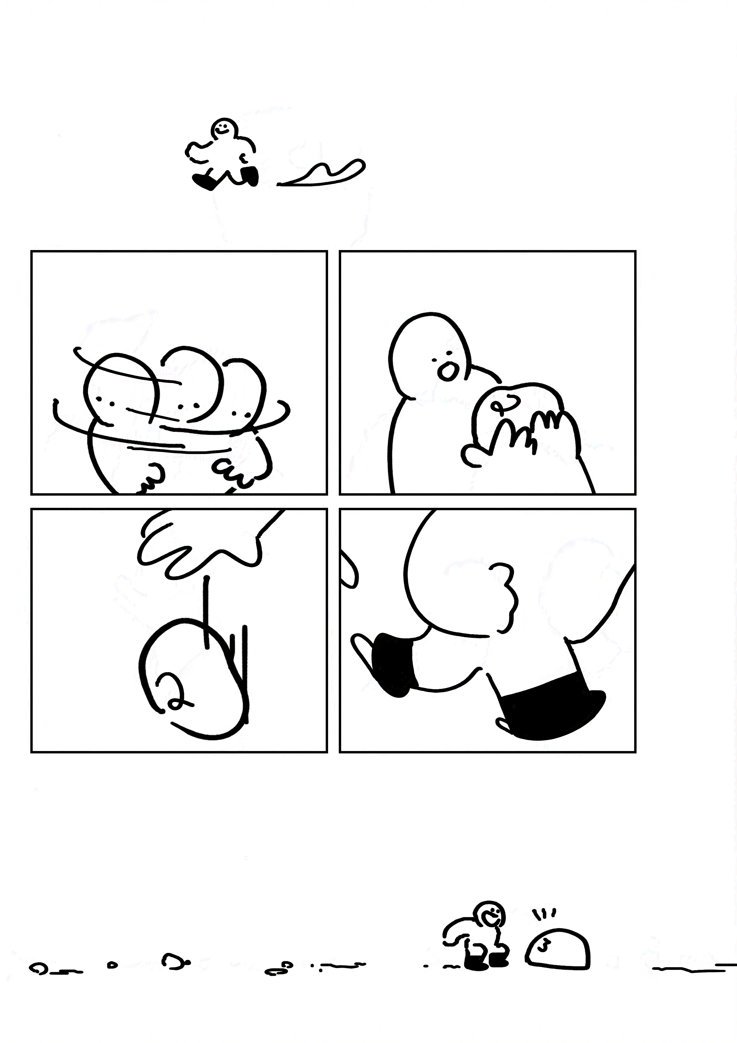 Panel 1: The kid with the boots smiling and running down the beach.
Panel 2: The kid looking quickly left and right.
Panel 3: The kid holding the rock labelled "2" with an interested face.
Panel 4: The "2" rock dropping from their hand.
Panel 5: The kid's feet walking down the beach, making footsteps.
Panel 6: The kid crouching and smiling wide in front of the large rock labelled "3."