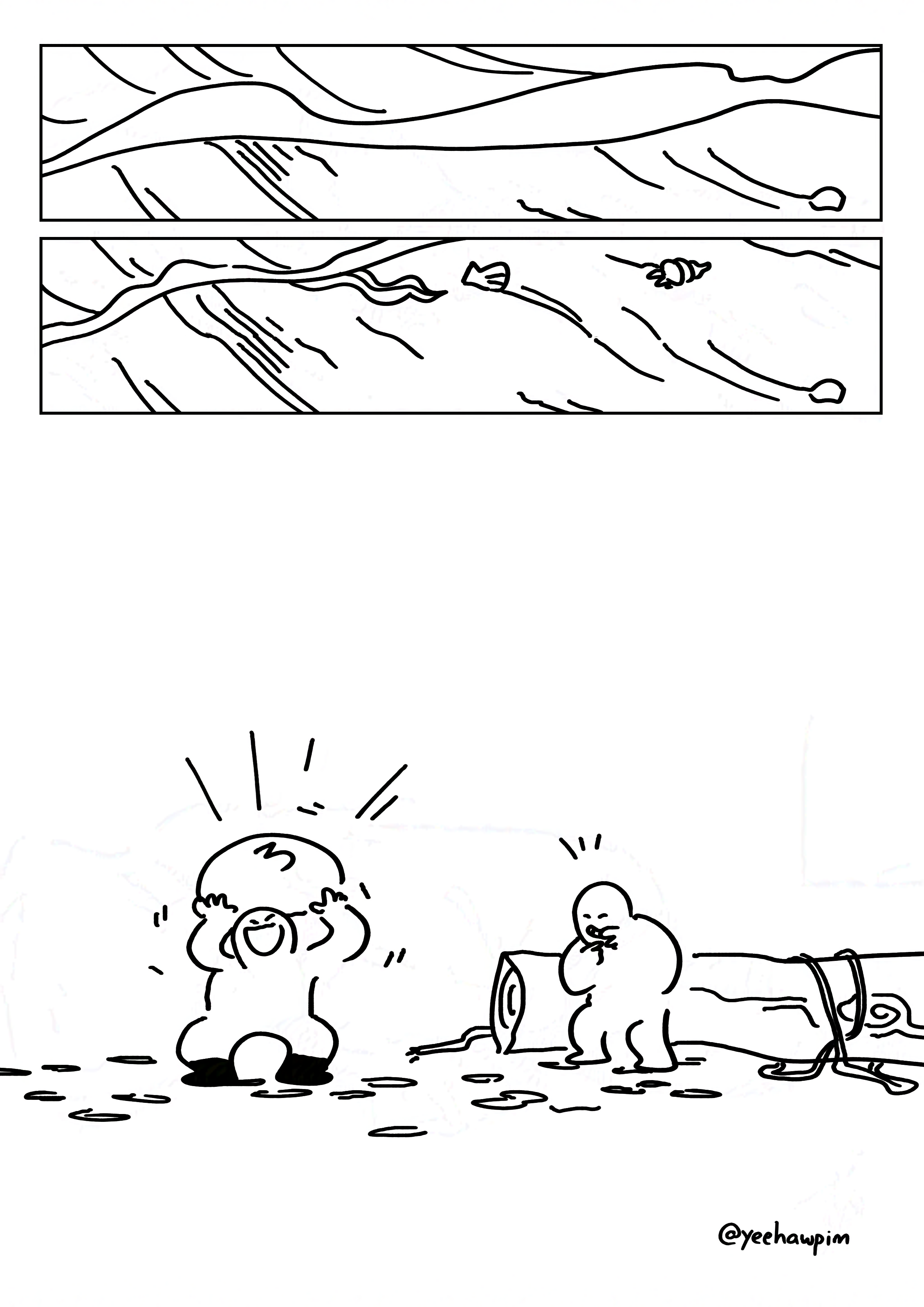 Panel 1-2: The ocean receding against the beach, showing seaweed and shells in the sand.
Panel 3: The kid with the boots raising the large "3" rock above their head with difficulty, shouting and laughing. Their friend laughs from behind their hands as they stand next to the log.
Watermark: @yeehawpim