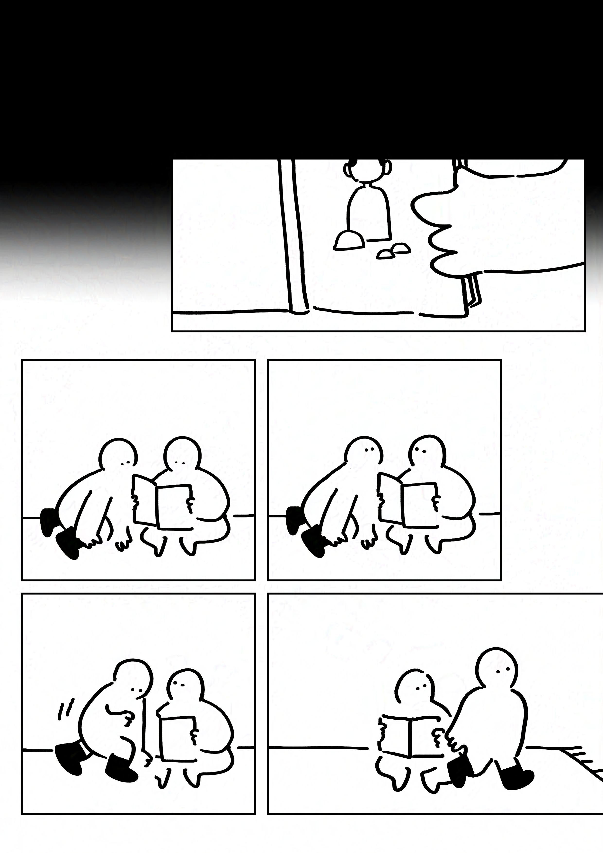 Black background fades to white.
Panel 1: Close up of a hand holding a book. The boy from the story is on the front cover with rocks at his feet.
Panel 2: The two kids sitting on the ground reading from the book.
Panel 3: They look up at each other.
Panel 4: The kid wearing boots starts to get up.
Panel 5: The kid with the boots walks past.