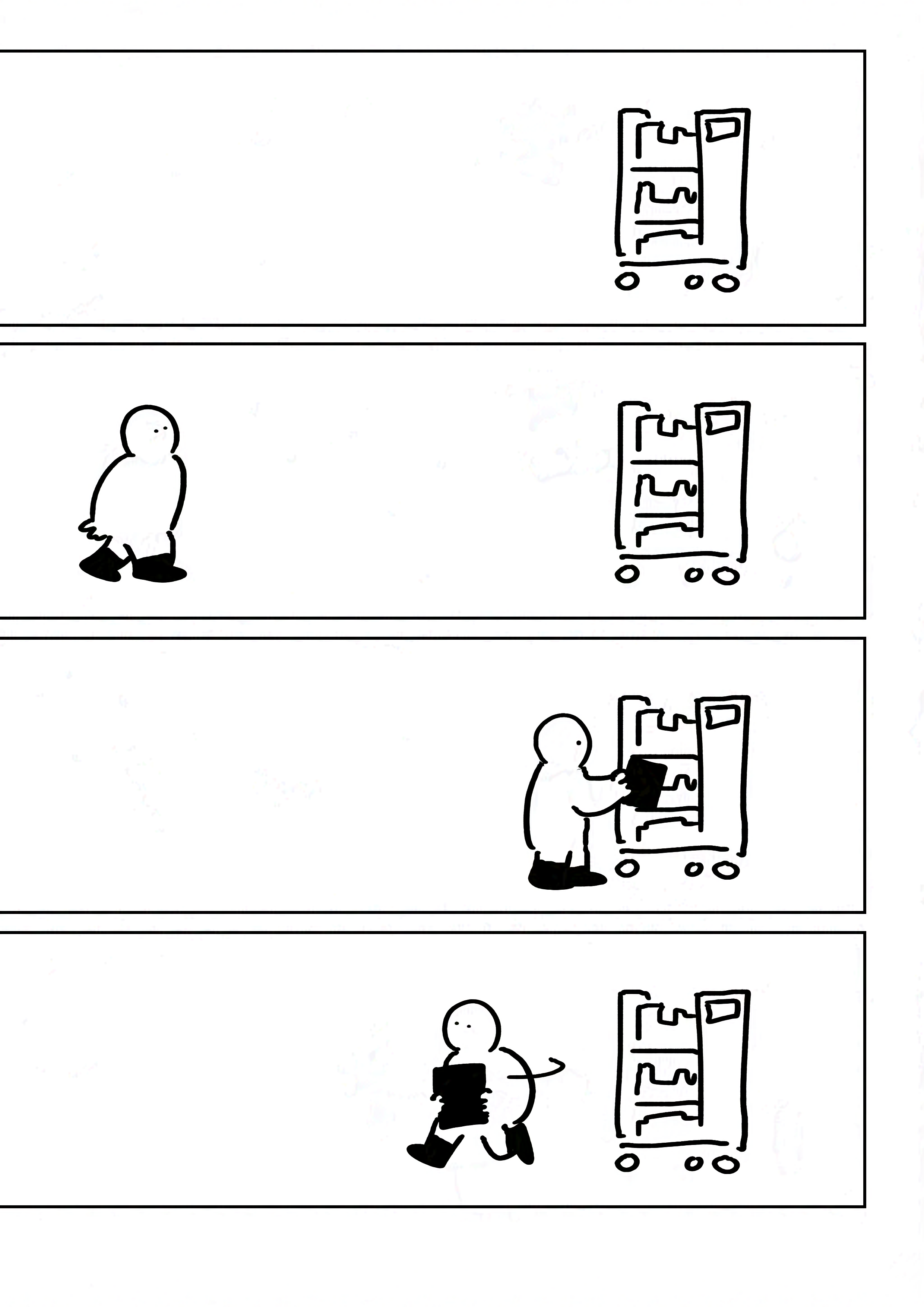 Panel 1-4: The kid with the boots retrieves a different book from the book cart and heads back.