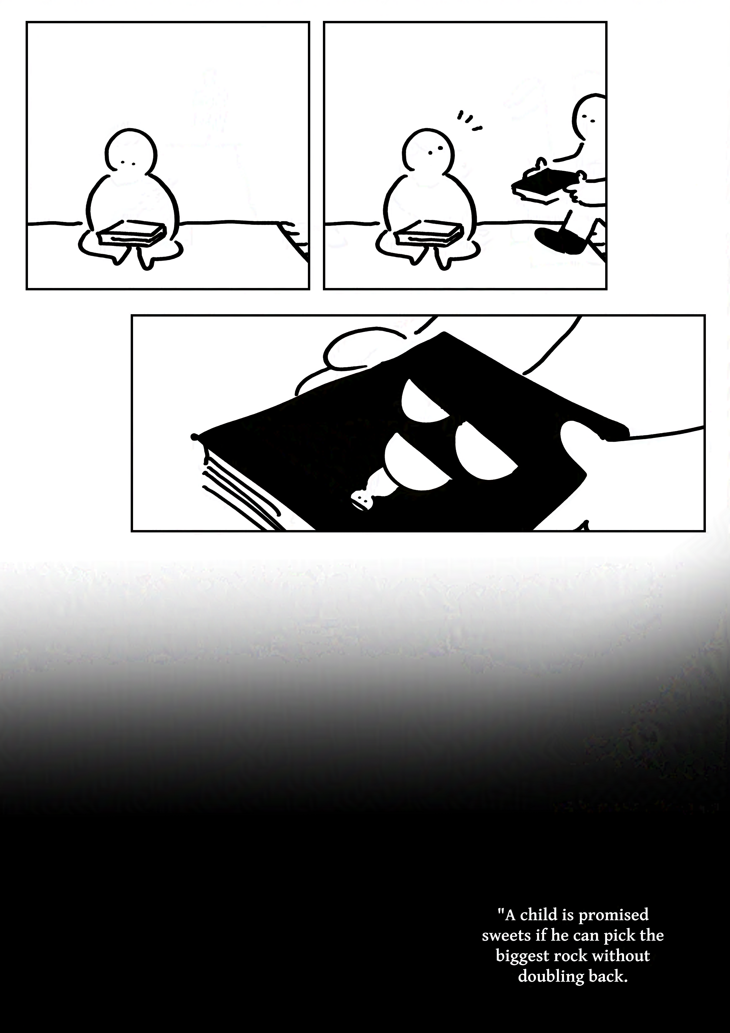 Black background fades to white. Panel 1: Close up of a hand holding a book. The boy from the story is on the front cover with rocks at his feet. Panel 2: The two kids sitting on the ground reading from the book. Panel 3: They look up at each other. Panel 4: The kid wearing boots starts to get up. Panel 5: The kid with the boots walks past.