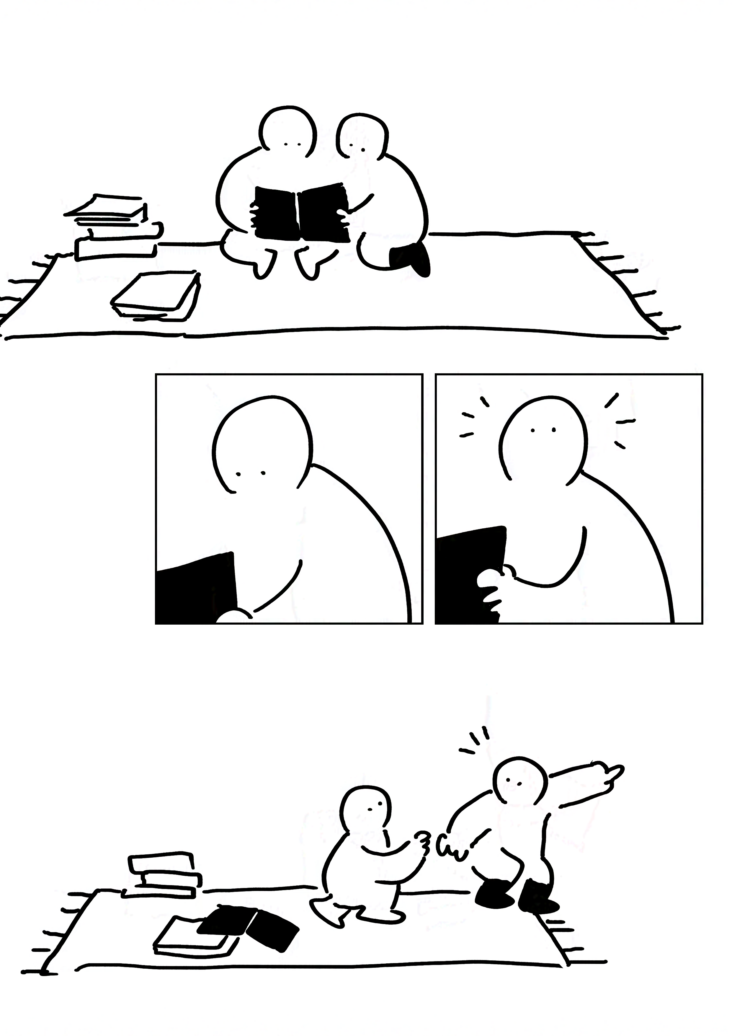 Panel 1: The two kids reading from the black book, each holding one half of it.
Panel 2: Close-up of The kid with the boots staring down.
Panel 3: They look up, realizing something.
Panel 4: The kid with the boots pointing enthusiastically and getting up. The other reaches for their hand to follow as they also start to get up. The books are left on the mat they were sitting on.