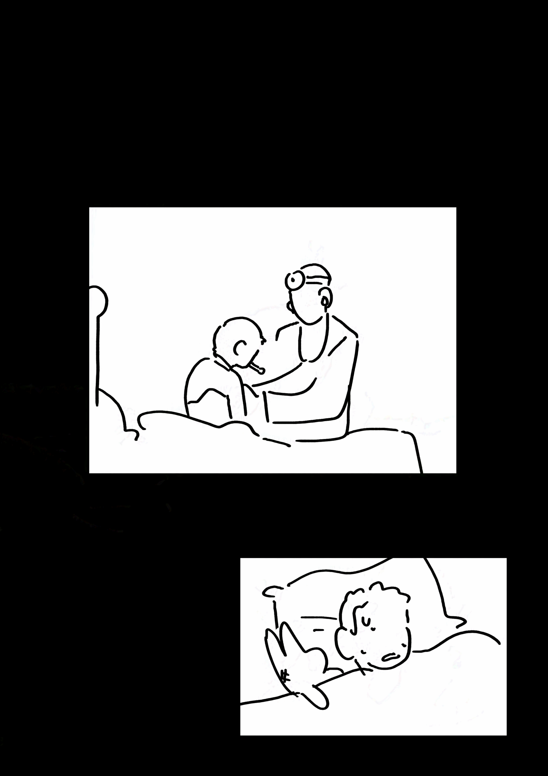 Panel 1: The boy sitting in bed with a thermometer in his mouth. A doctor sits next to him, pressing a stethoscope to his chest. Panel 2: The boy lying down with the covers up, the rabbit next to him as he sweats, sick.