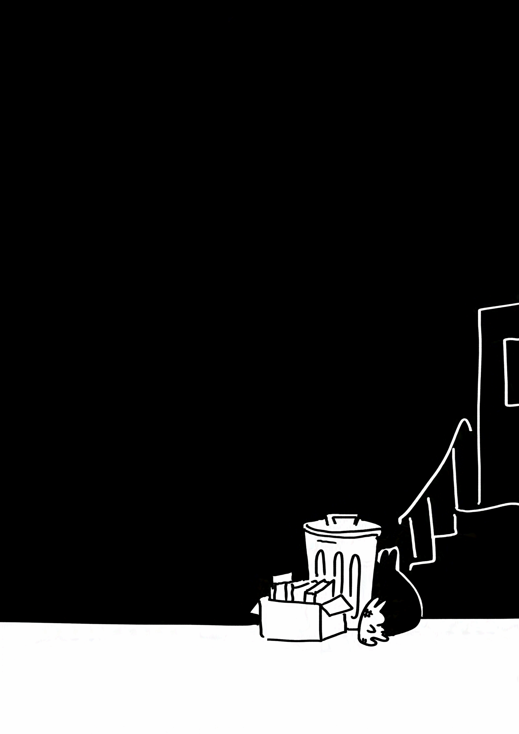 A trash can, a cardboard box full of books, and a black trash bag sit outside the steps of the boy's house. The rabbit is among them.