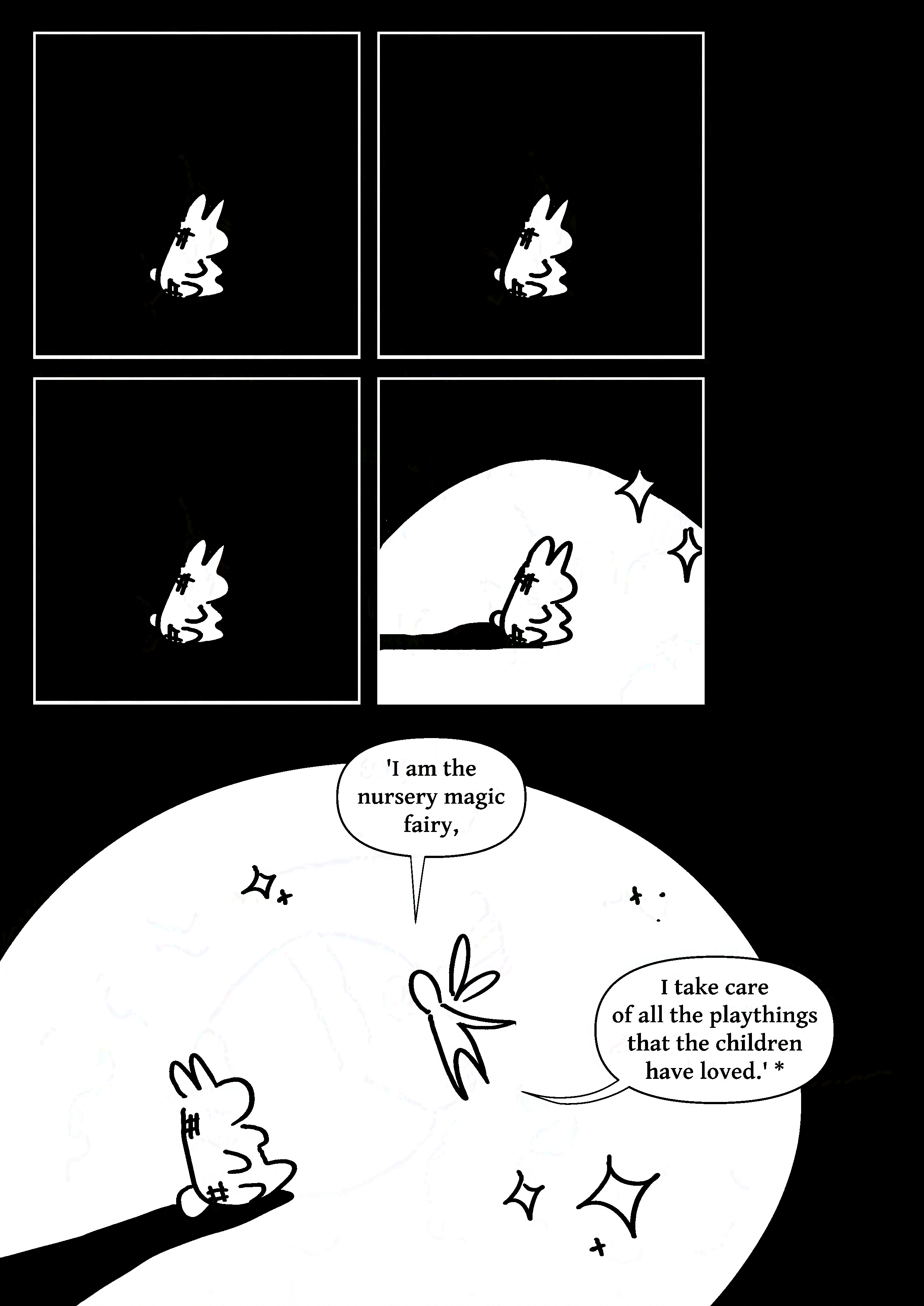 Panel 1-3: The dirty rabbit sitting in darkness. Panel 4: A light shines with sparkles, the rabbit casting a shadow behind it that extends past the panel. Panel 5: A fairy with no face and round wings floats, emitting light and sparkles. It says, 'I am the nursery magic fairy, I take care of all the playthings that the children have loved.' *