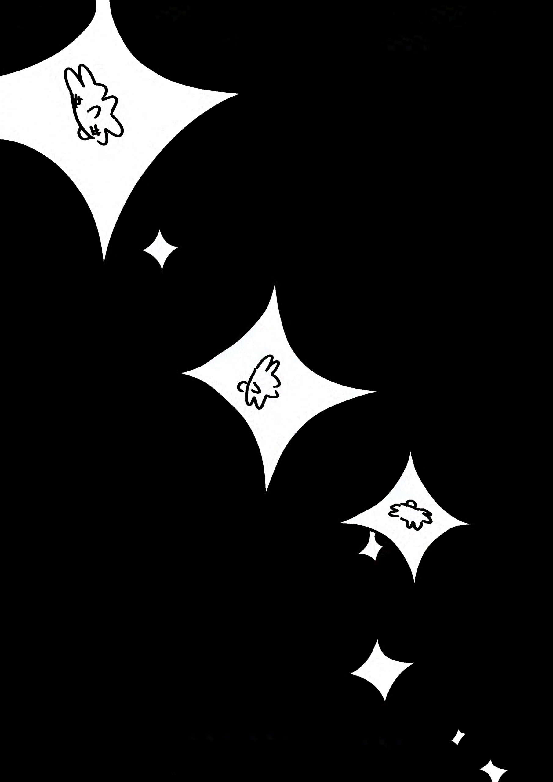 The Rabbit falling through darkness and growing smaller, encased in sparkles.