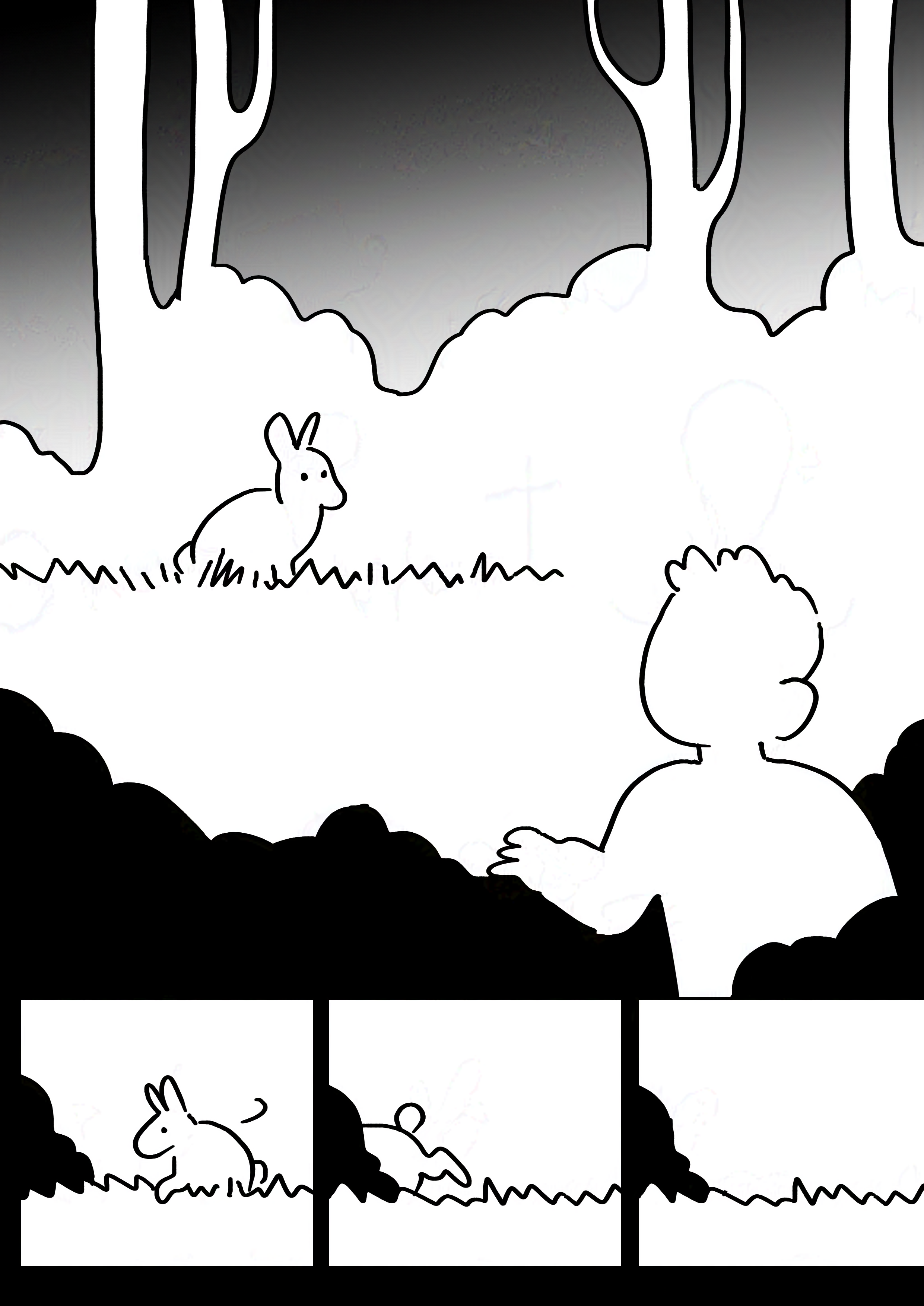 Panel 1: The boy peeking through the bushes and seeing a rabbit by the trees. It's the velveteen rabbit as a live rabbit. Panel 2-4: The rabbit turns and disappears behind a bush.