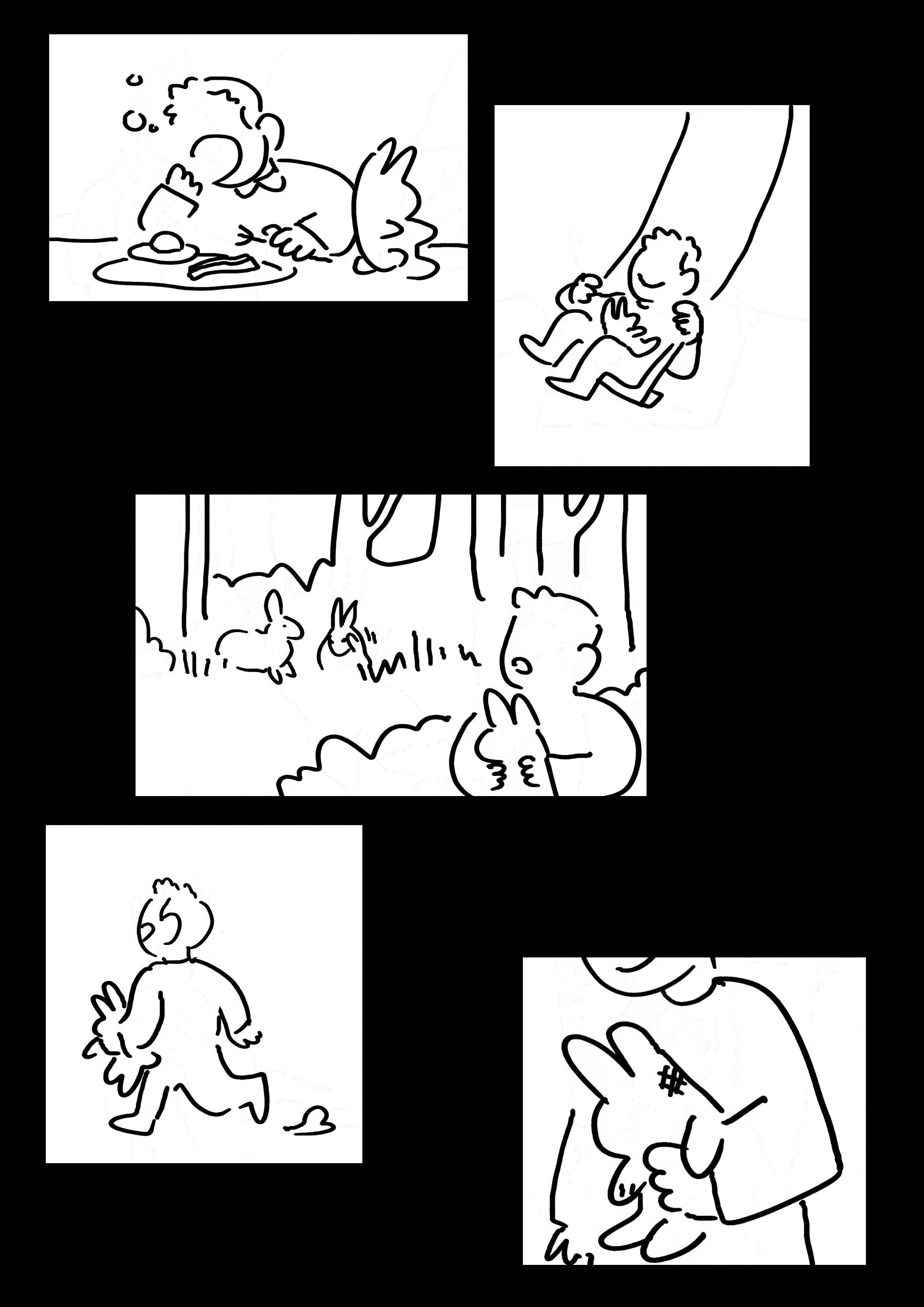 Panel 1: The boy yawns as he eats a plate of eggs and bacon for breakfast. The rabbit is on the table next to him.
Panel 2: The boy smiling and swinging on a swing set with the rabbit in his lap.
Panel 3: The boy hiding behind a bush while holding the rabbit. They observe two real rabbits in the grass.
Panel 4: The boy walking off with a smile, the rabbit underneath his arm.
Panel 5: Close-up of the rabbit in the boy's arm. It is showing signs of wear. The boy's smile can be seen.