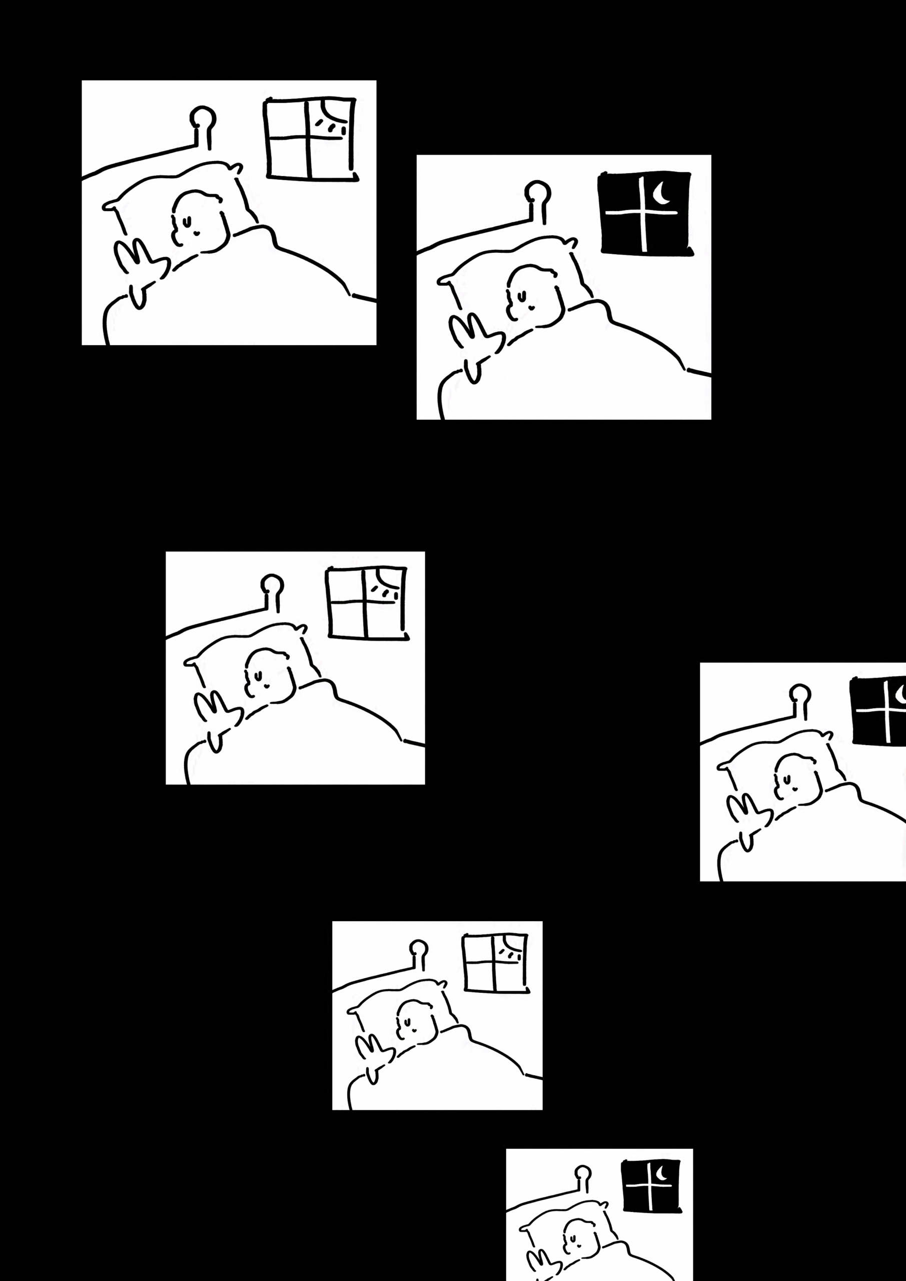 Panels drifting down the page and getting smaller. Repeat of the boy in bed with the rabbit, the outside alternating between day and night.