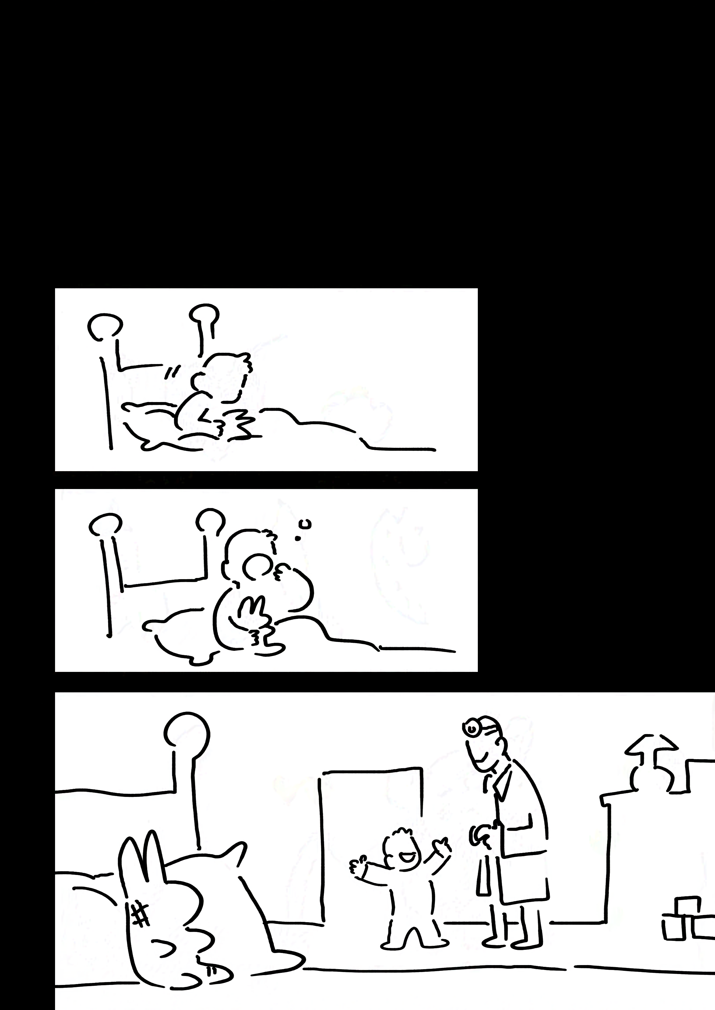Panel 1-2: The boy sits up in bed and yawns.
Panel 3: The rabbit sitting on the bed showing signs of wear. The boy is standing up and smiling with his arms in the air as the doctor smiles.