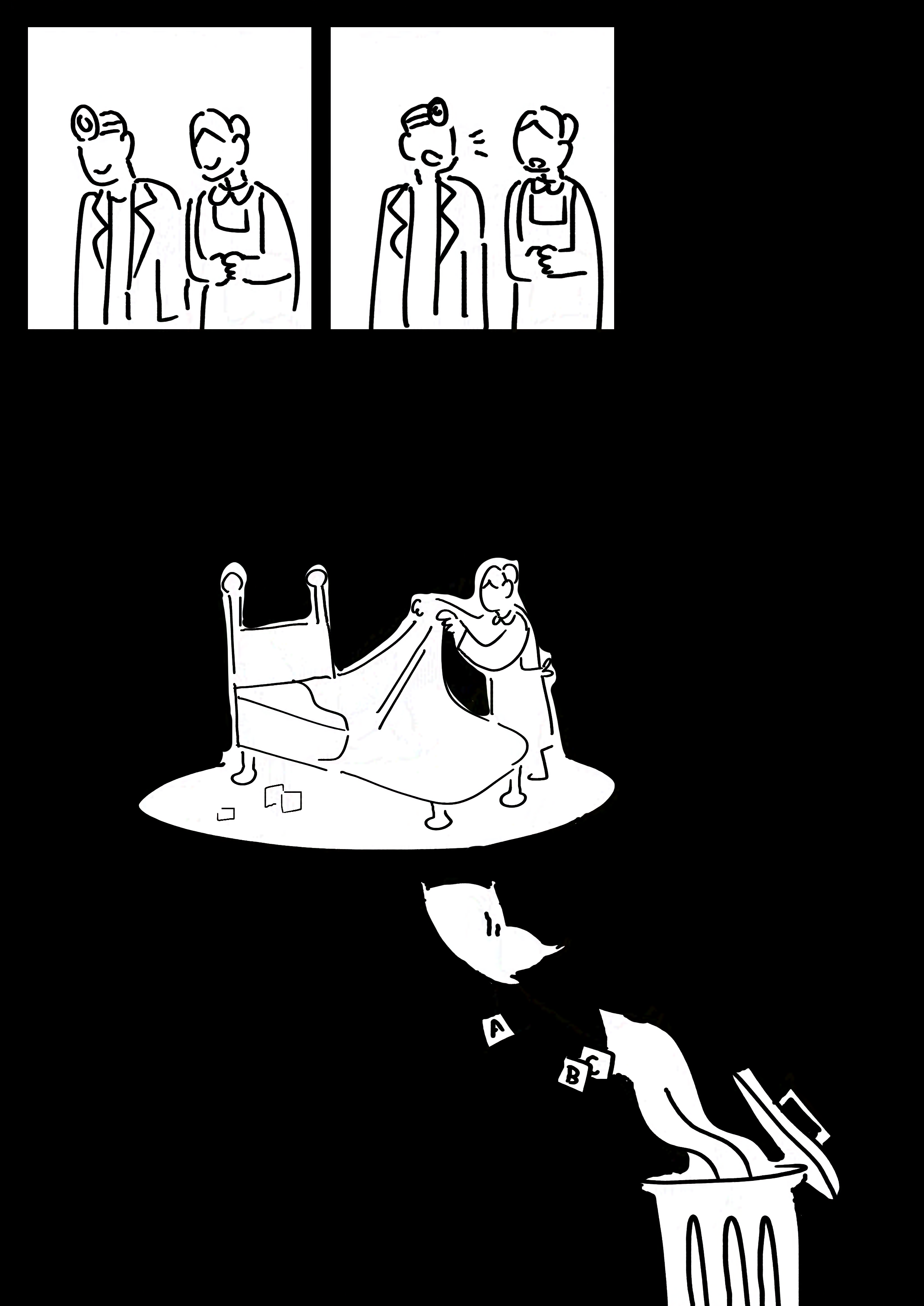 Panel 1-2: The doctor and the nanny smiling, looking down.
Panel 3: The doctor turns and says something to the nanny.
Panel 3: The nanny stripping the boy's bed. His belongings float down the page into a trash can, including a pillow, toy blocks, and a blanket.