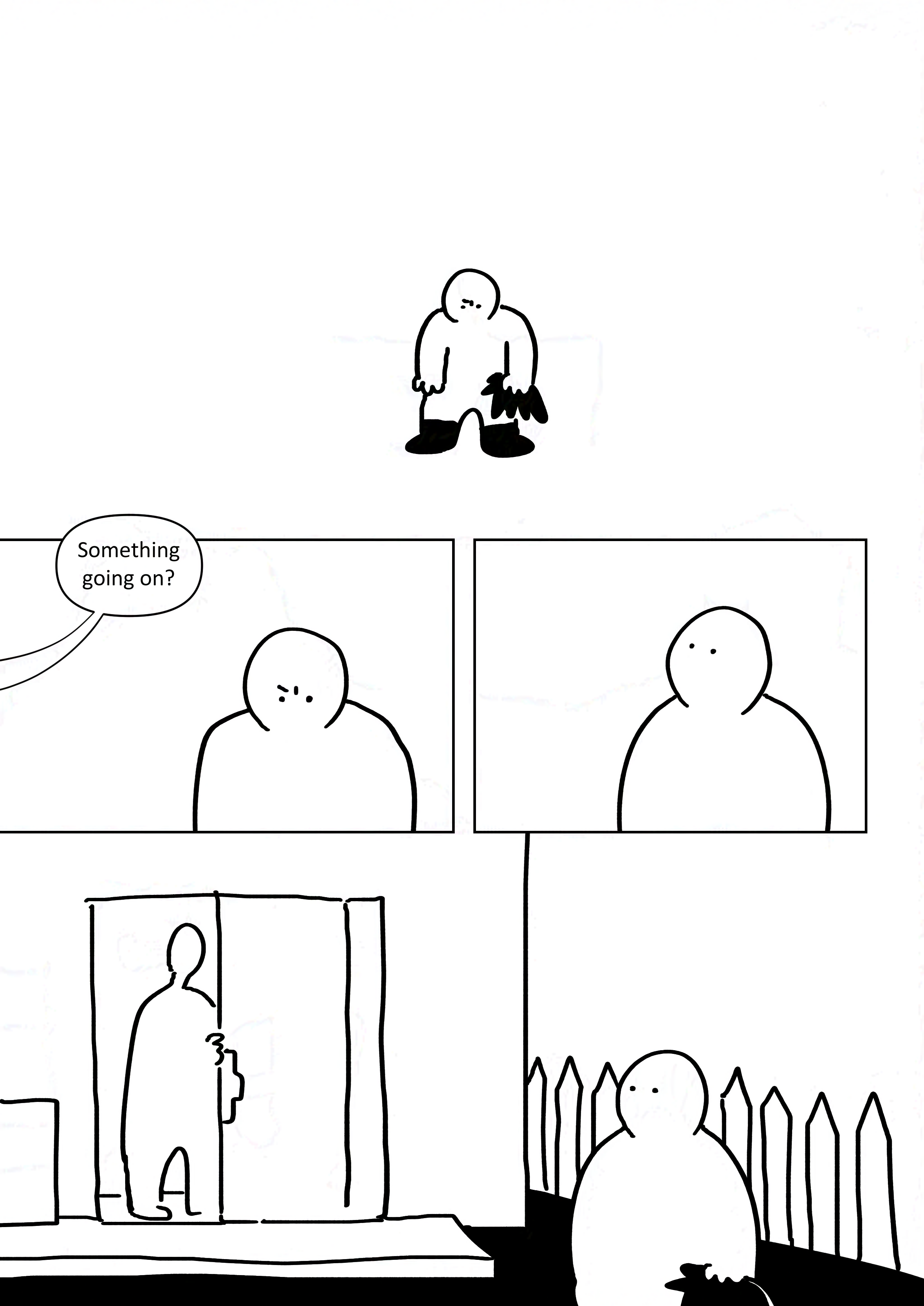 Panel 1: The kid with the boots standing with their shoulders hunched and holding their Fenrir plush with an angry face. Panel 2: Someone speaking with plain text interrupts from the side, "Something going on?" Panel 3: The kid looks up. Panel 4: Their parent is at the sliding glass door of their backyard, looking out. The parent does not have facial features.