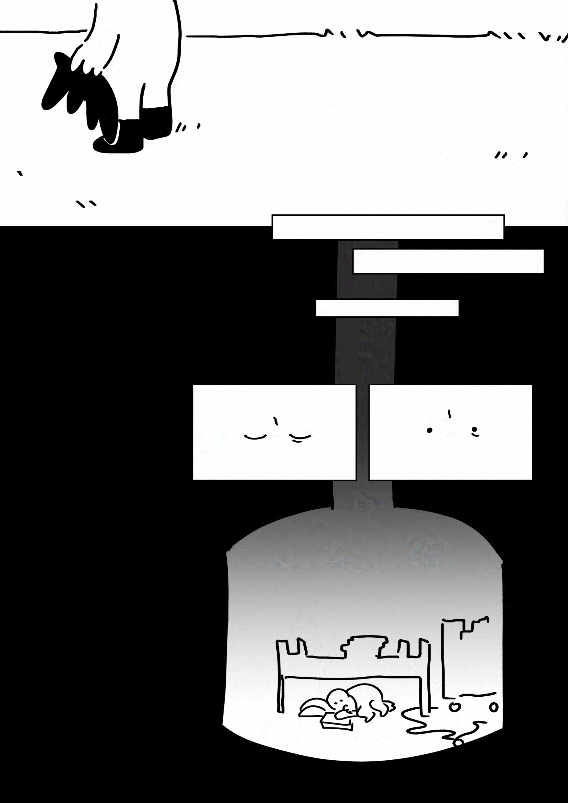 Black and white comic with simple digital drawings.
Panel 1: The kid with the boots standing on the back lawn grass. They are holding their Fenrir plush in one hand, matching the pose from the previous chapter. Their face cannot be seen.
3 rectangles to imply time and spacing into a black background.
Panel 2-3: Close-up of the other kid opening their eyes, looking troubled.
Panel 4: They're huddled under the bed in their underground house. There is the silhouette of books and the book cart in the cylindrical room.