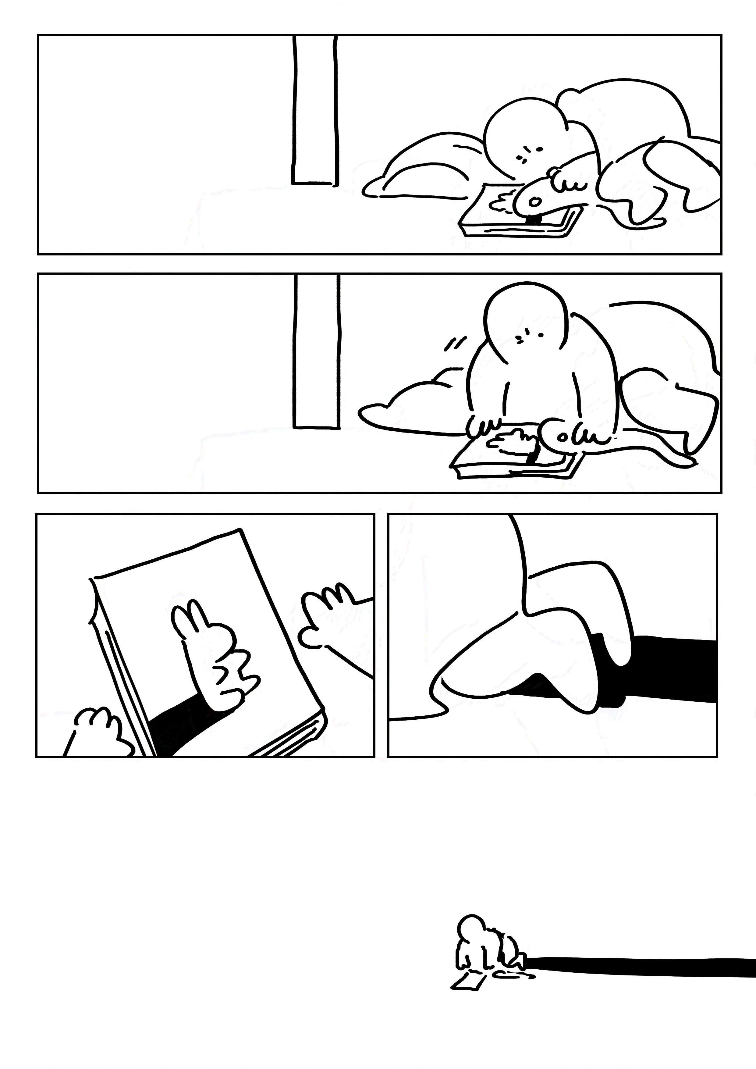 Panel 1: Zoom in and the kid is holding their Jormungandr plush and looking at the book underneath it. Panel 2: They prop themselves up more on their arms and move their plush, revealing the cover of the book. Panel 3: The Velveteen Rabbit is on the book, it casts a shadow. Panel 4: The kid's feet as they brace against the ground also cast a shadow. Panel 5: The kid's shadow stretching off the page as they crouch over the book.