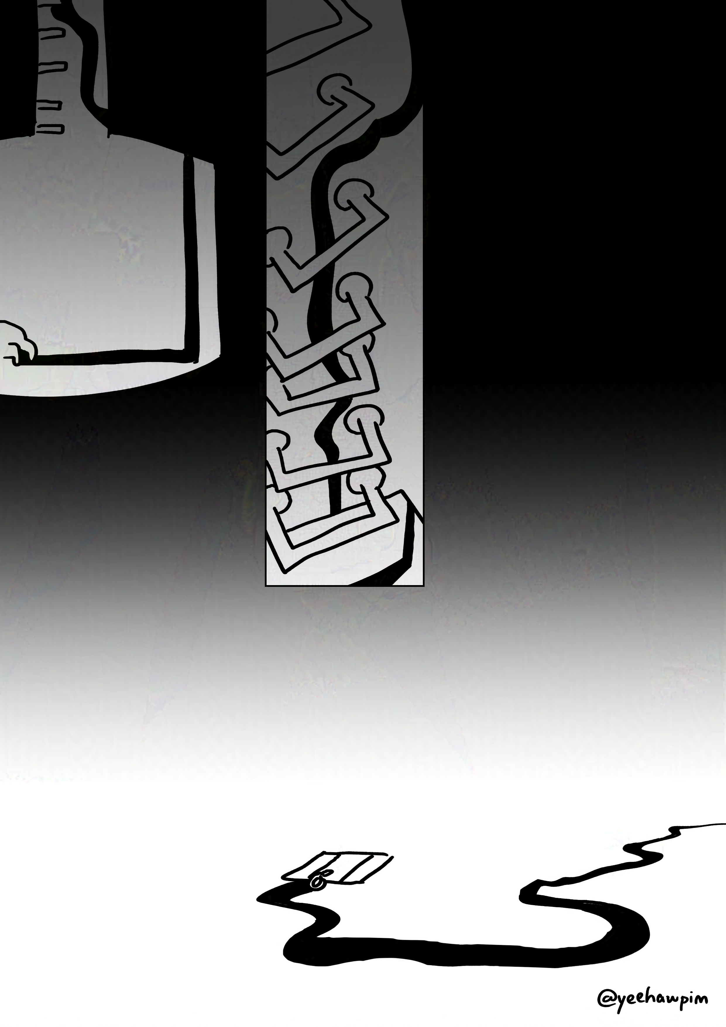 Black background.
Panel 1: The kid's shadow stretching out along the wall and up the ladder up out of their underground house.
Panel 2: The shadow stretching up and around the ladder handles.
Background fades to a white outside.
Panel 3: The shadow stretching from underneath the trap door to the kid's house and out into the distance.
Watermark: @yeehawpim