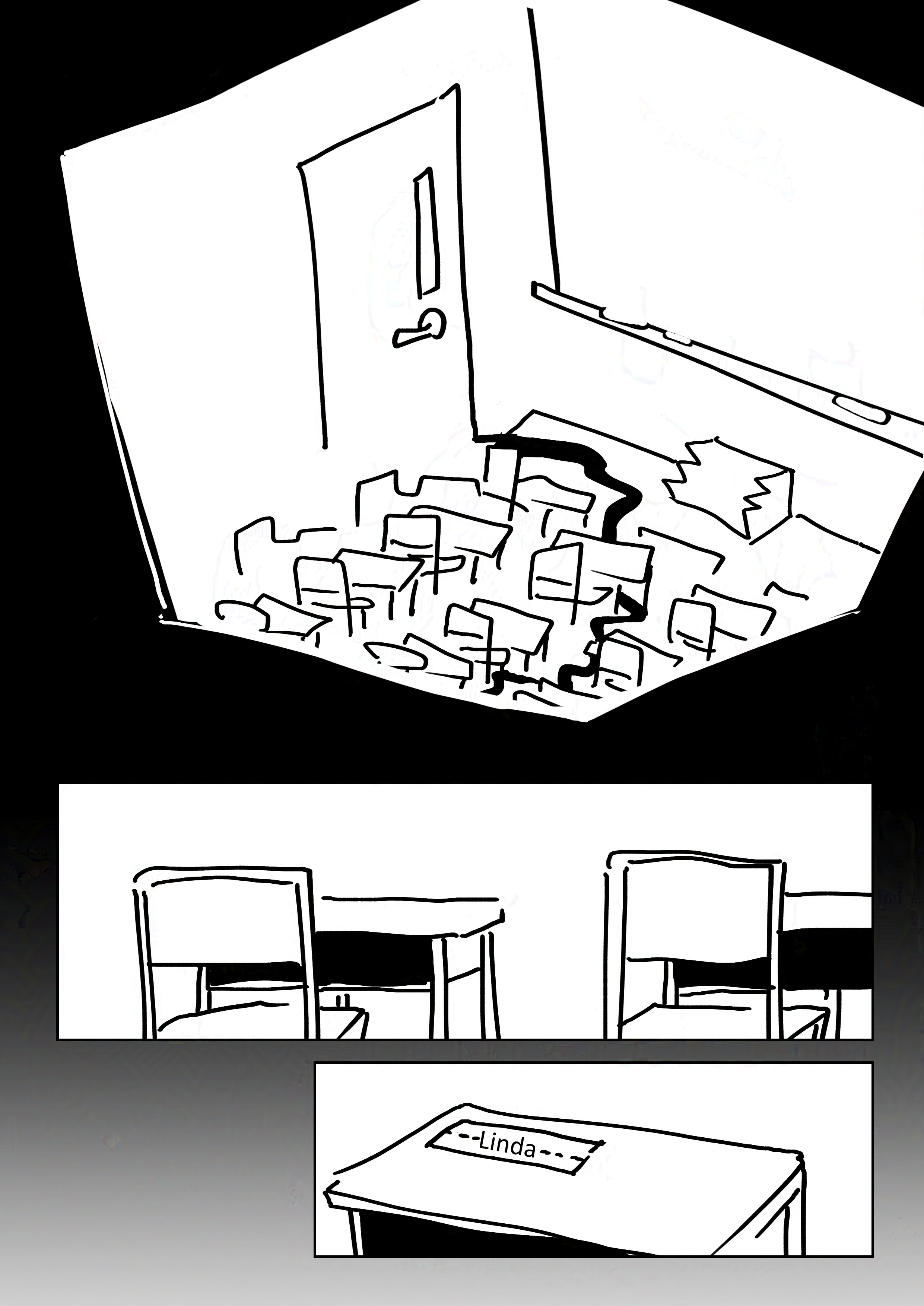 Black and white comic with simple digital drawings. Black background. Panel 1: The large classroom with a blackboard in the front and small stairs for students to reach. A towering door on the wall and a bunch of single students seats. A shadow stretches from underneath the door and snakes along the floor underneath the student seating.