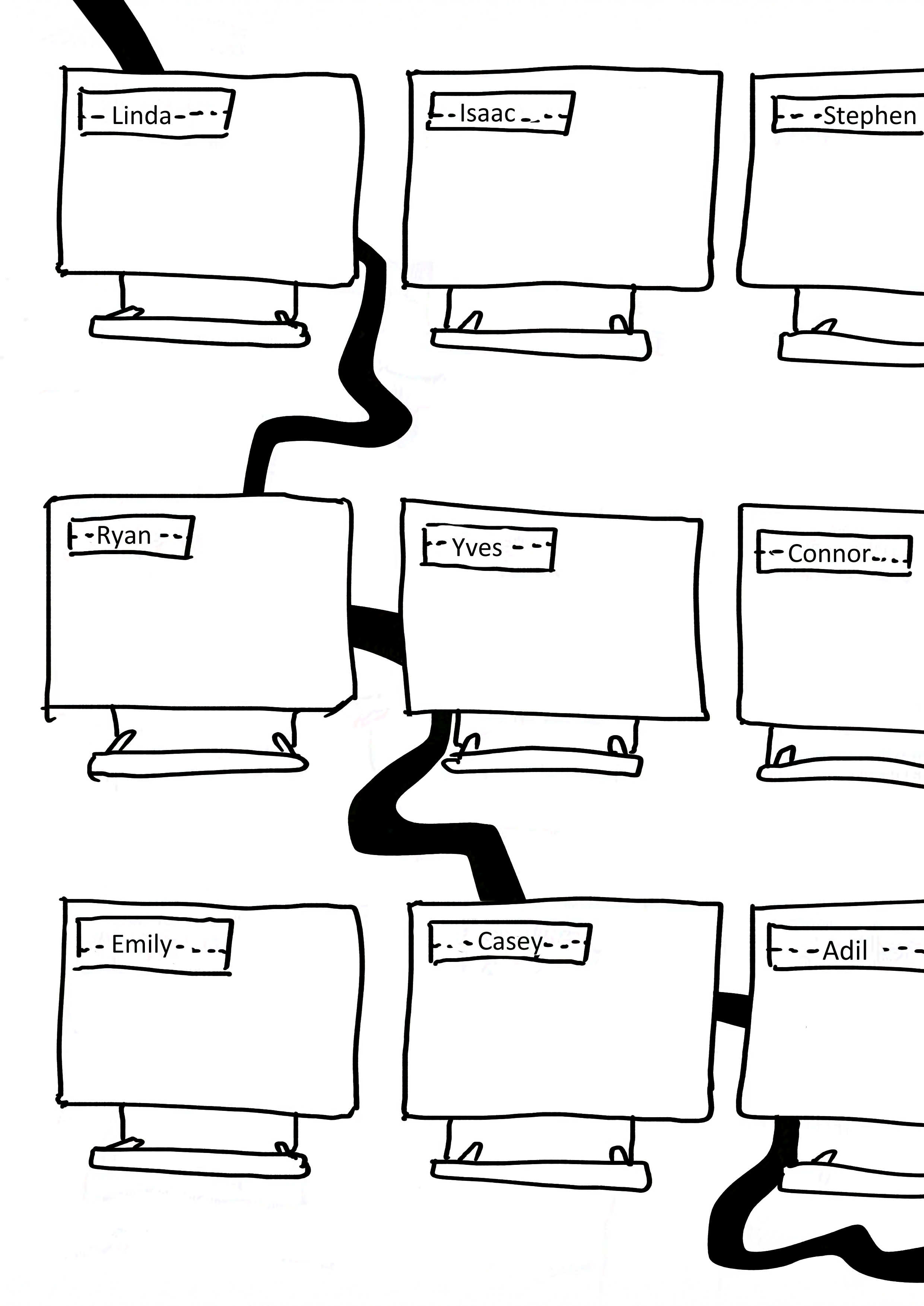 Top down view of desks lined up in a row. Various names can be seen printed on labels stuck to the top left of the desk. A shadow snakes on the ground underneath them, travelling to the bottom right of the page and trailing off. The names seen are written in plain print. "Linda. Isaac. Stephen. Ryan. Yves. Connor. Emily. Casey. Adil."