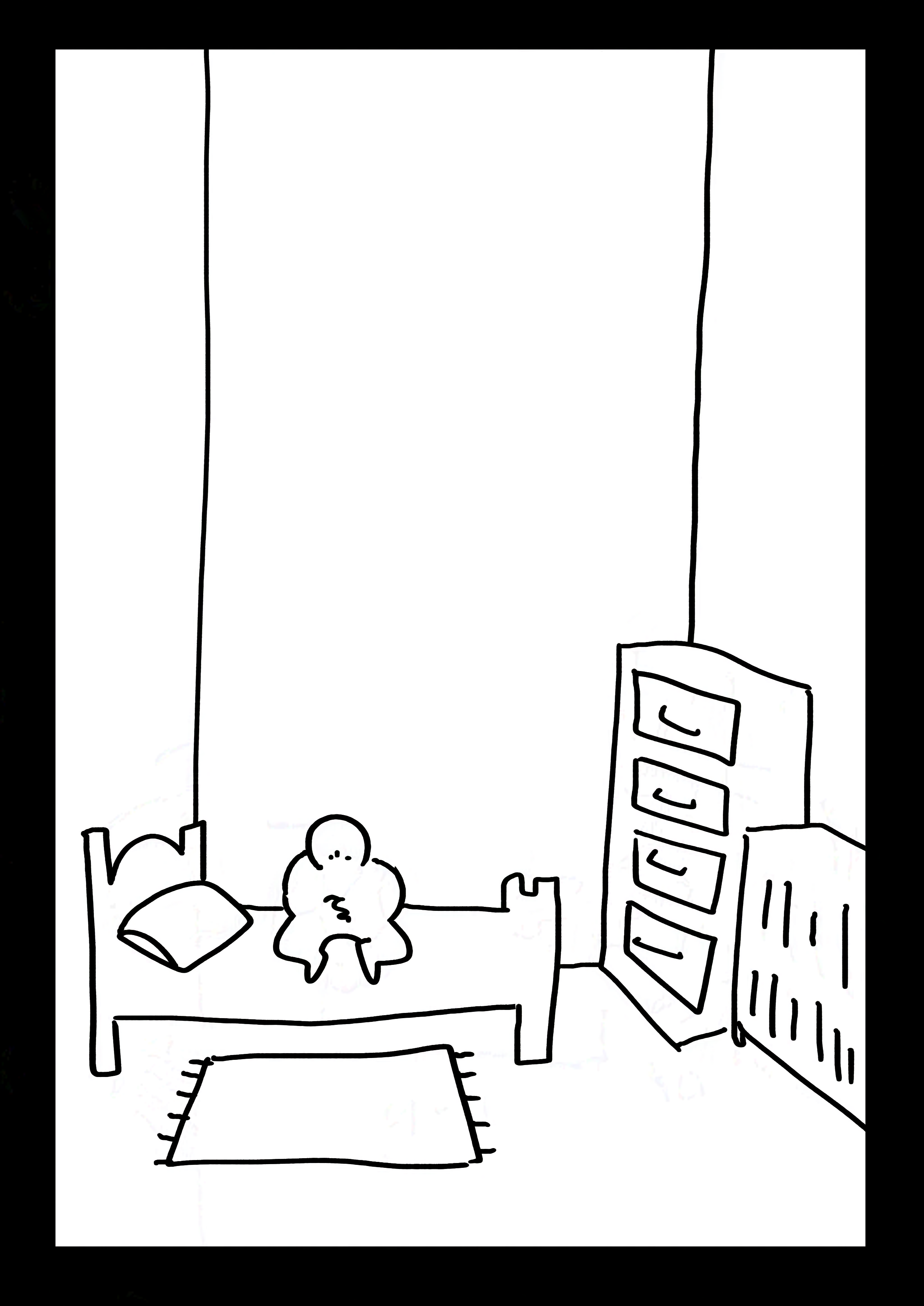 Black and white comic with simple digital drawings. The kid without their boots sitting at the edge of their bed in their room. It is without its affects from their time with their friend, showing they are in the past. They clasp their hands together anxiously as they look down.