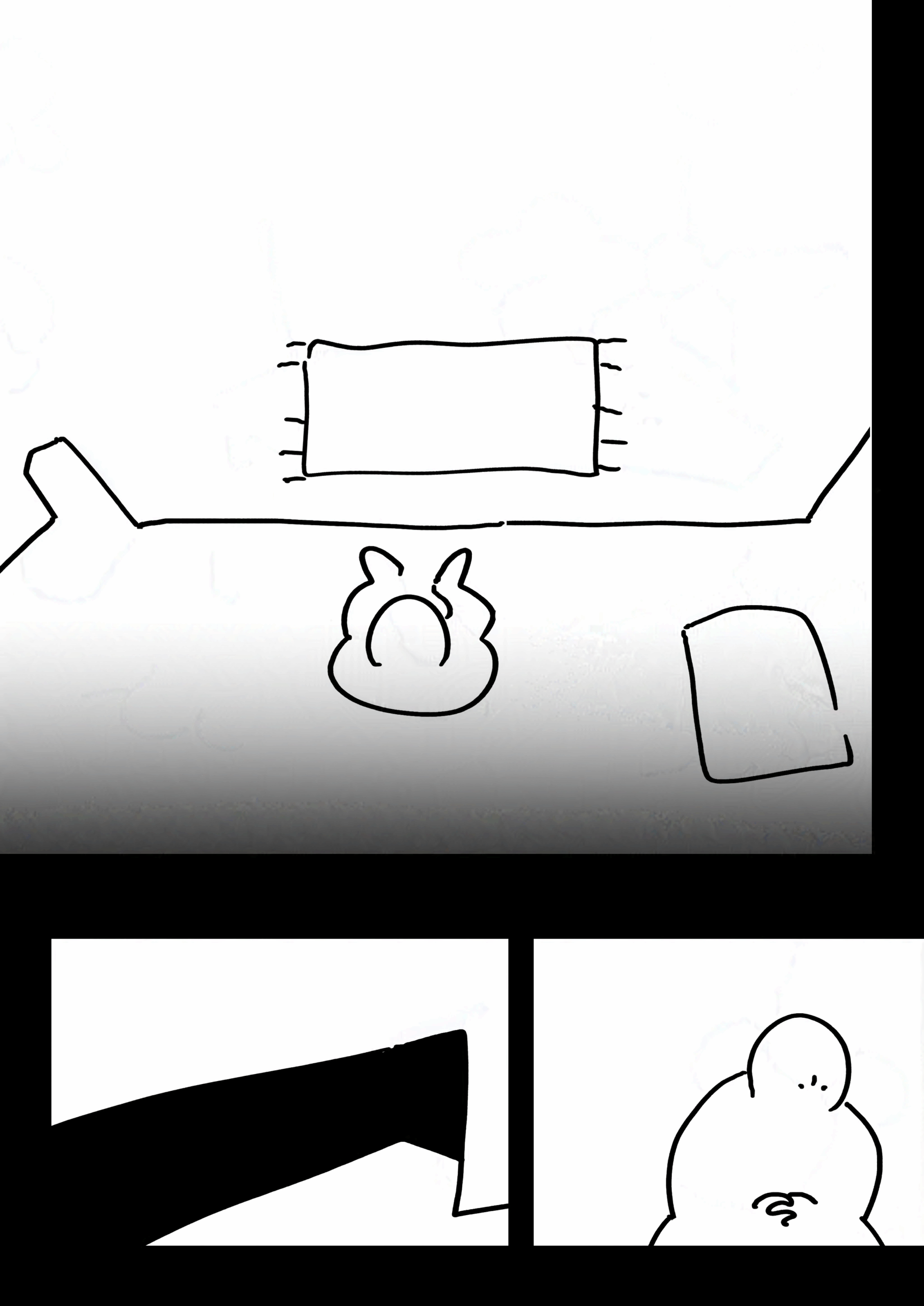 Panel 1: Top down view of the kid sat on the bed, emphasizing the edge of the bed. They can't see underneath it. Panel 2: The space underneath is dark. Panel 3: The kid peers down nervously.