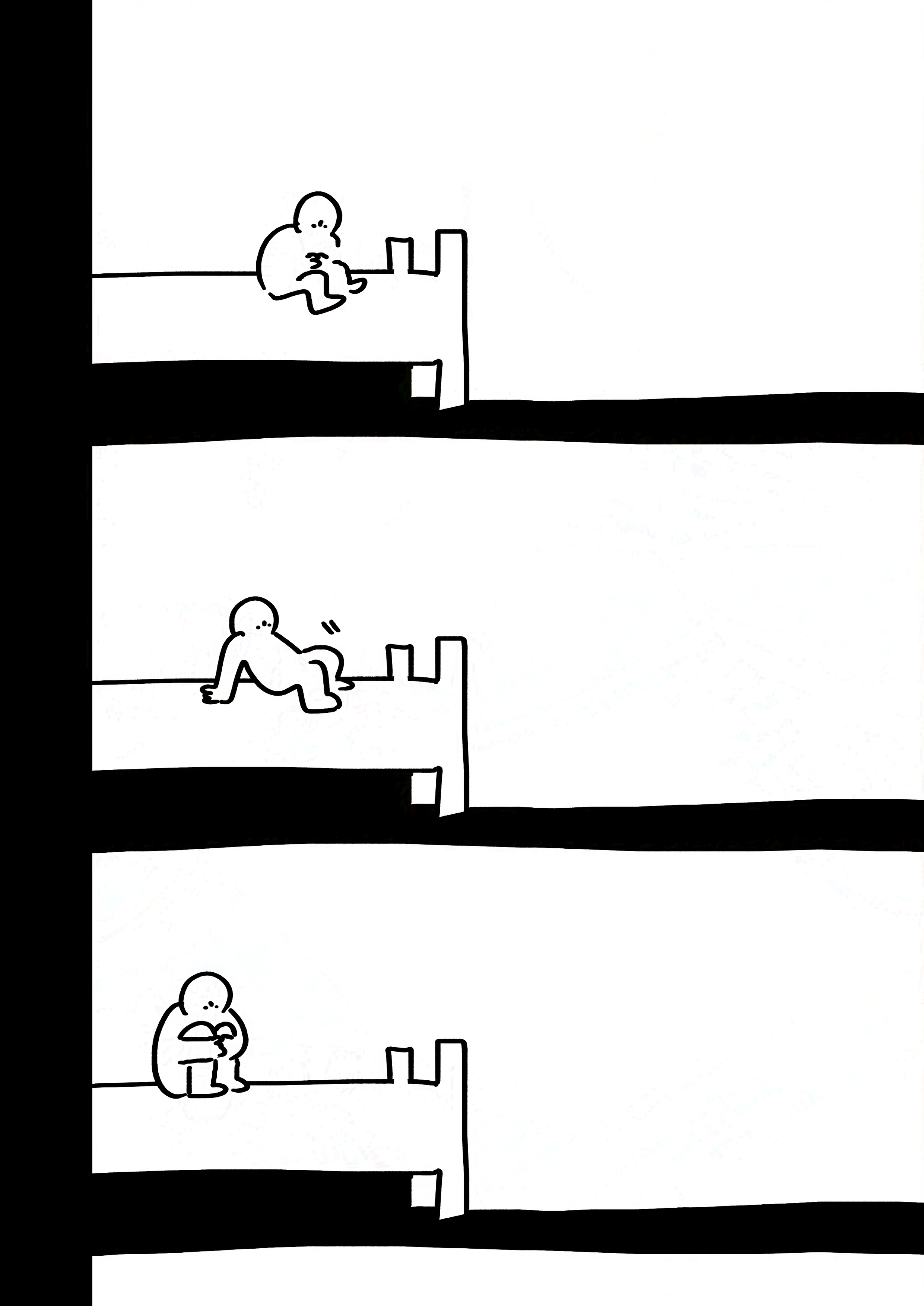 The kid scoots backwards so they're further away from the edge and hugs their knees. The three panels are separated by black space and the shadow underneath the bed stretching out of the page.