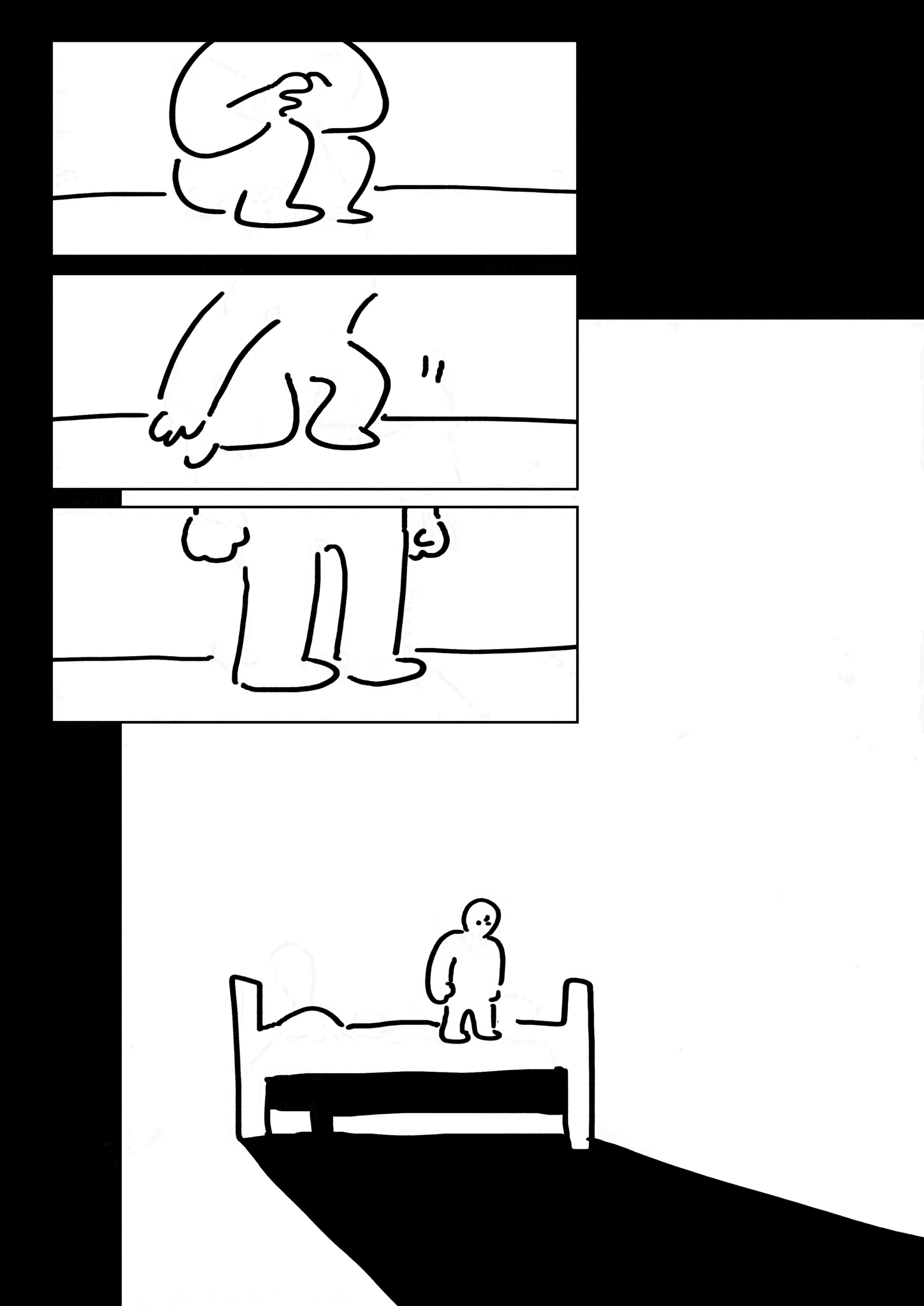 Panel 1-3: The kid stands up on their bed, fists clenched.
Panel 4: The kid standing alone in their room on the bed, looking down at the long shadow their bed casts.