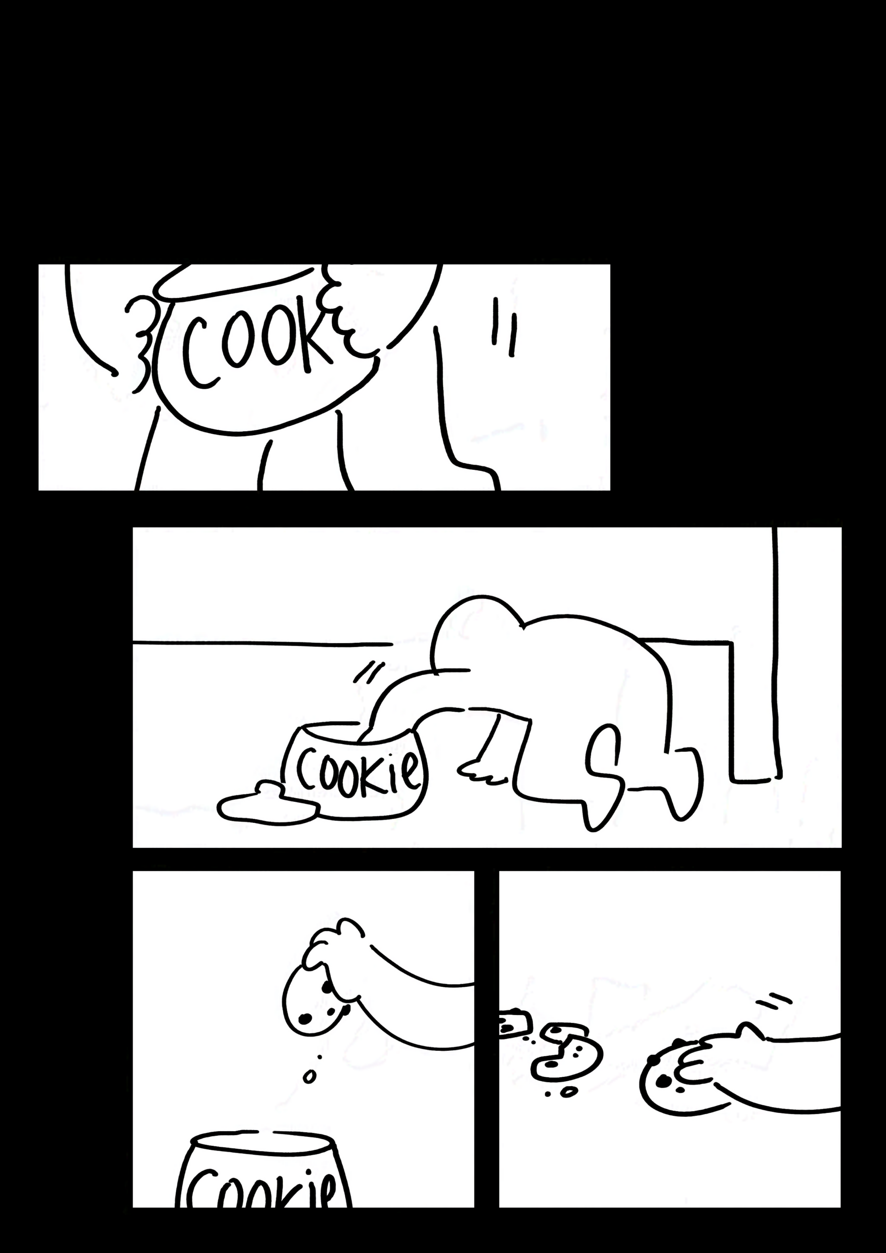 Panel 1: The kid's hands holding the cookie jar as they walk towards their room.
Panel 2: The kid knelt on the ground at the space under their bed, reaching into the cookie jar on the floor beside them.
Panel 3: They take a chocolate chip cookie from the jar.
Panel 4: They place it on the ground next to a trail of other cookies.