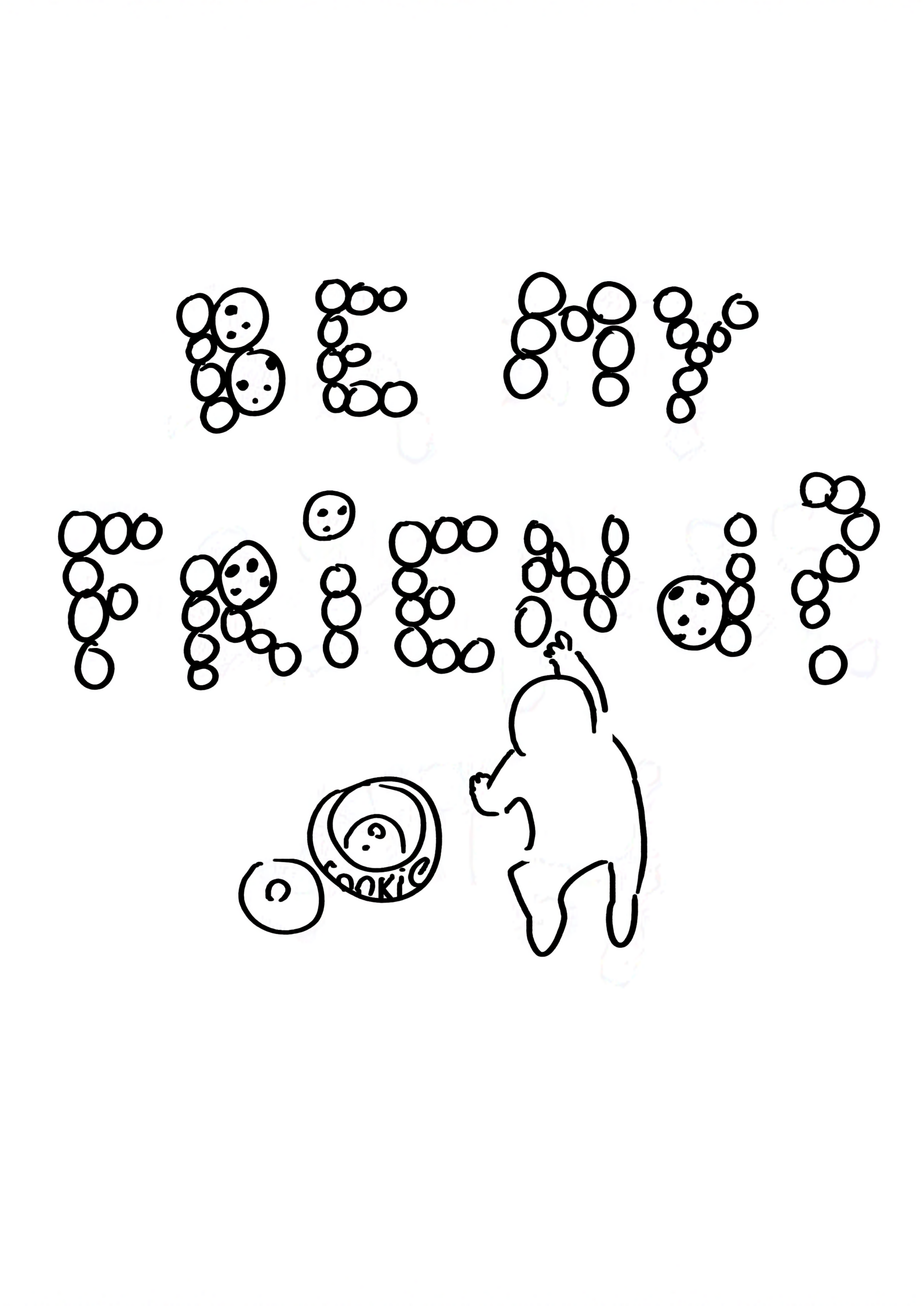 Top down view of the kid placing cookies on the ground in the formation of words, the empty cookie jar beside them. It spells out, "BE MY FRIEND?"
