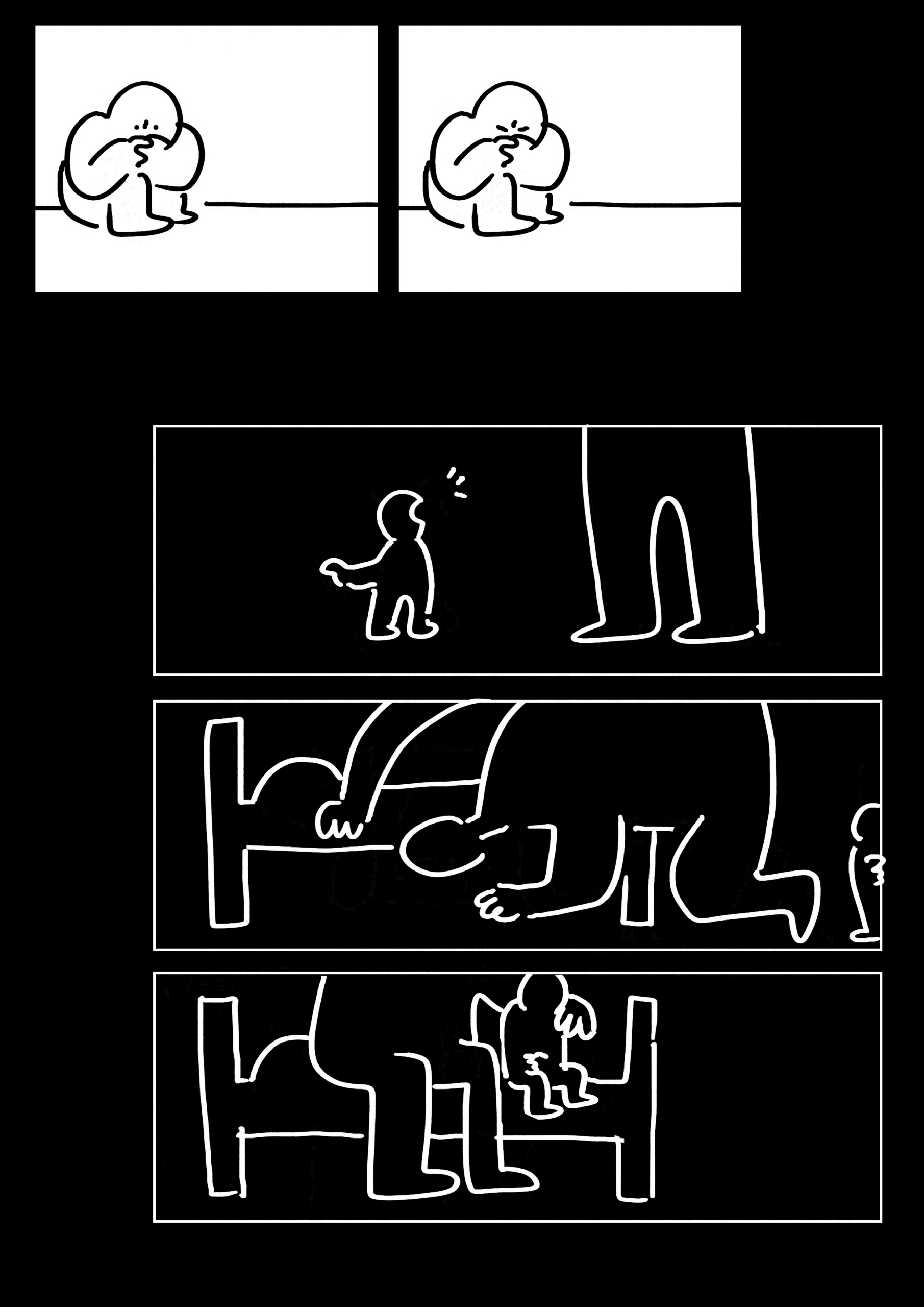 Panel 1-2: The kid sat hugging their knees tightly with a frightened expression. They close their eyes tightly. Next panels drawn in silhouette with white lines. Panel 3: The kid in the past talking to their parent as they point towards their room. Panel 4: The parent bending to check under the bed for them as the kid peeks out from the edge of the panel. Panel 5: The parent sitting on the bed with the kid with a hand on their shoulder. The kid has a nervous posture, holding their own hands.