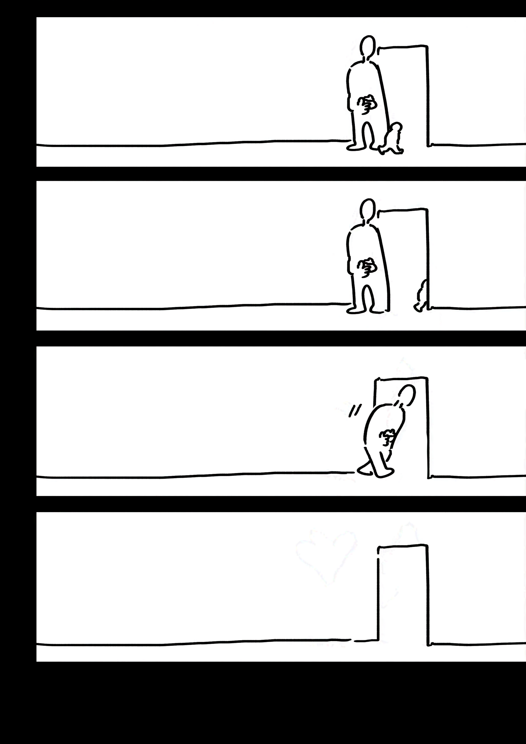 Four long panels of the same shape. The kid's silhouette walks past their parent out the door, and the parent follows them out.