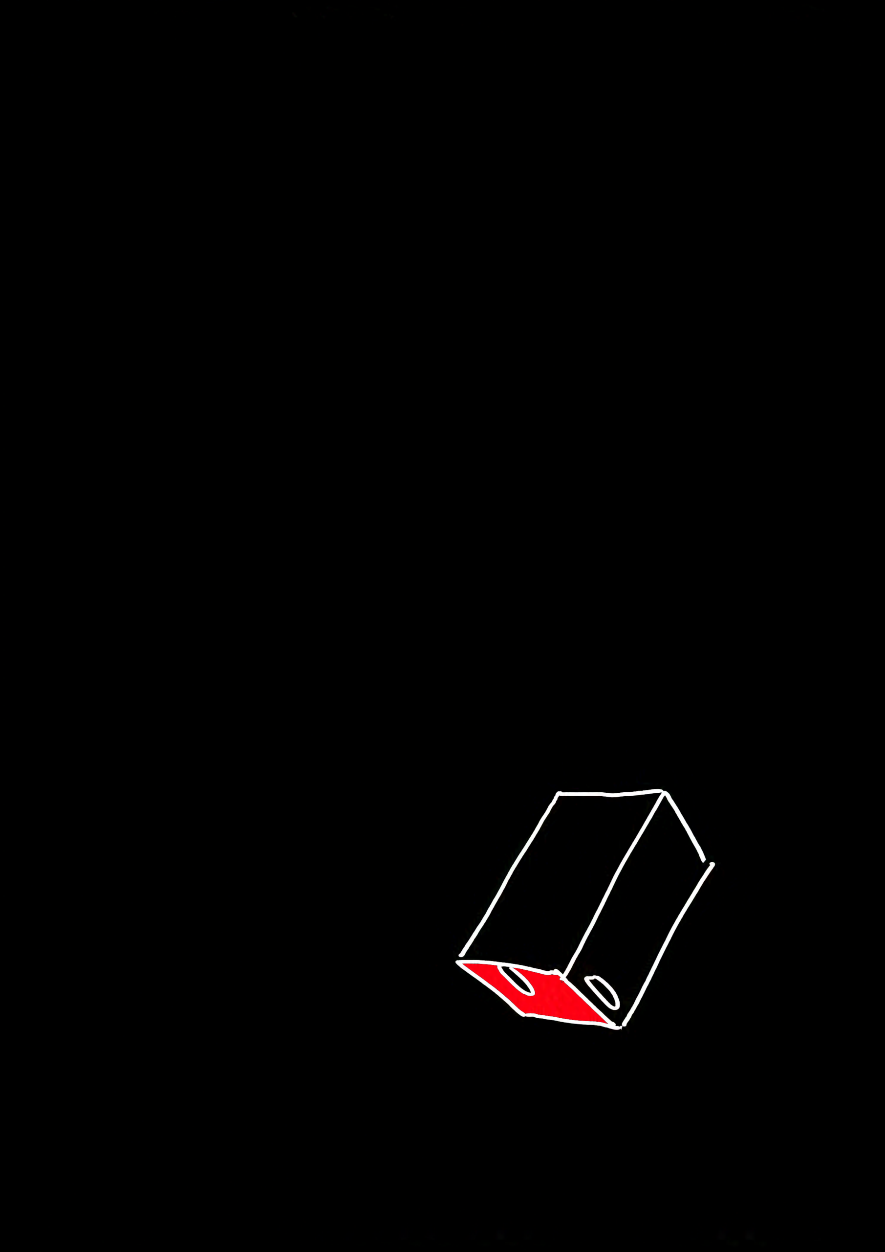 Black page. The box from chapter 30. boots can be seen tilted up on a corner, exposing the red inside. It is a long cardboard box with two handle holes near the bottom.
