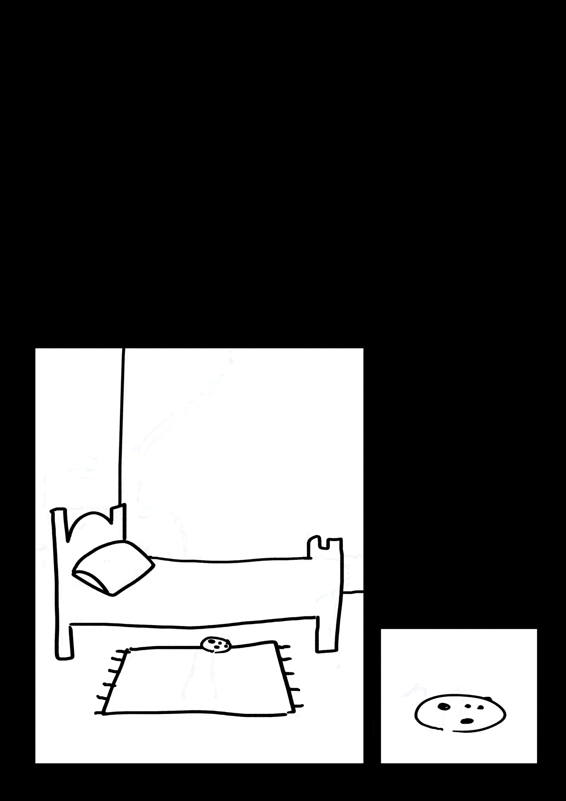 Page is dark at the top.
Panel 1: A view of the kid's bed and carpet on the ground in their room. A cookie can be seen peeking out from underneath the bed.
Panel 2: Close-up of the cookie.