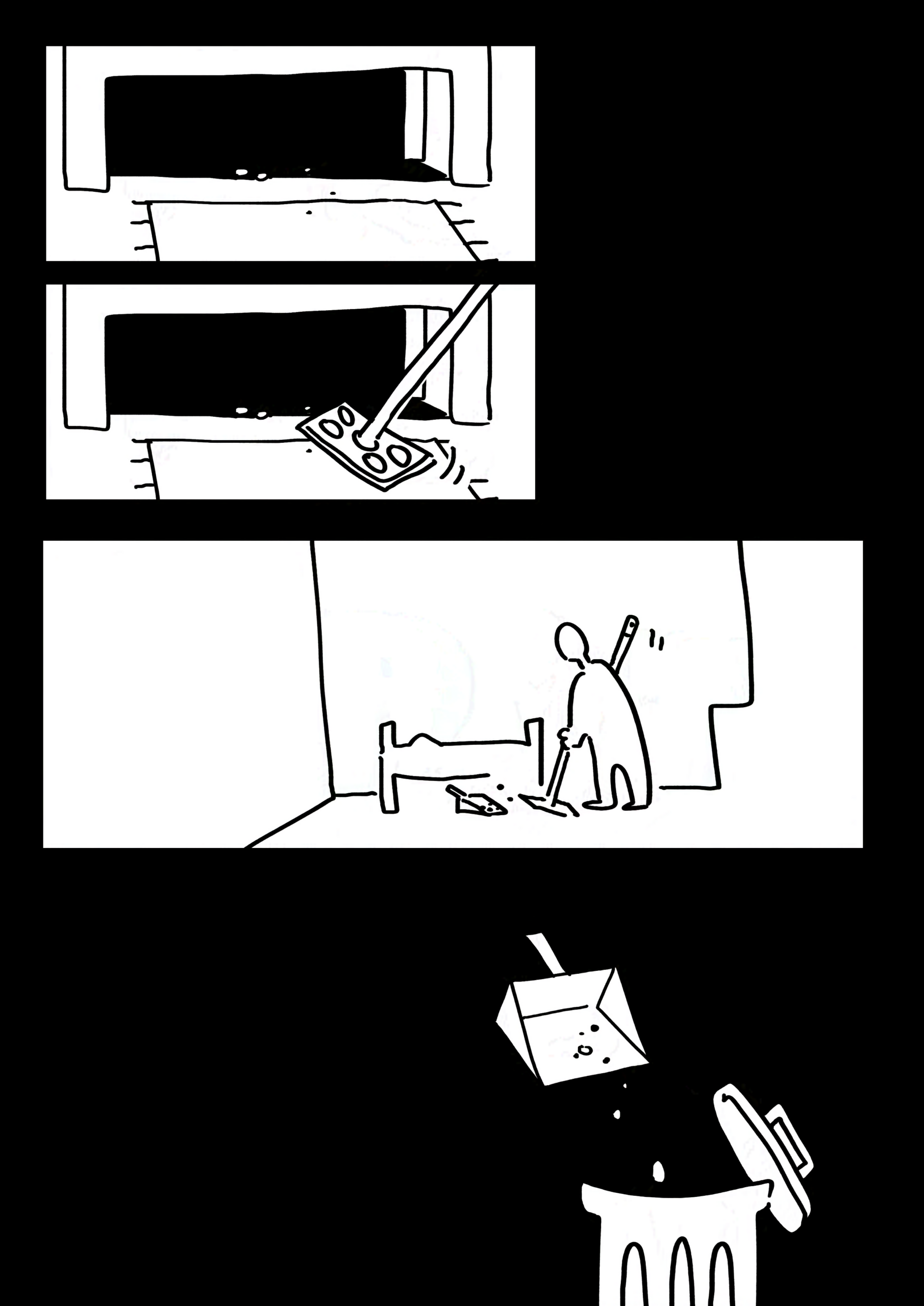 Panel 1: The crumbs can be seen at the bottom of the kid's bed on the edge of the shadow underneath.
Panel 2: A flat broom with a dust cloth on its rectangular end sweeps on the floor.
Panel 3: A parent sweeping the crumbs into a dustpan.
Panel 4: The dustpan is emptied into an open garbage can. The composition is similar to that of chapter "44. The Velveteen Rabbit."