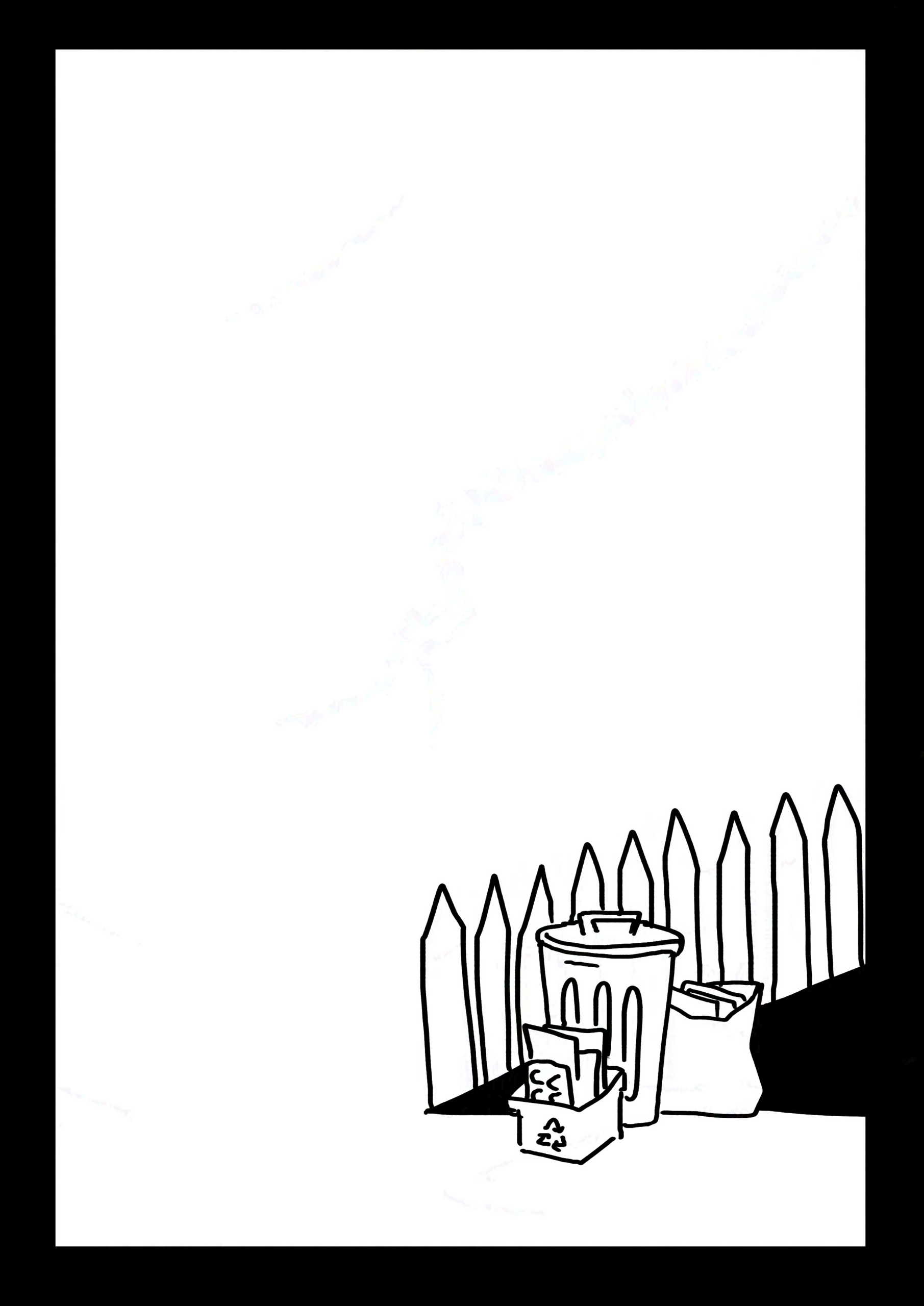 The garbage can sitting with a paper bag of trash and the recycling bin outside at the edge of the lawn. The composition resembles chapter "44. The Velveteen Rabbit."